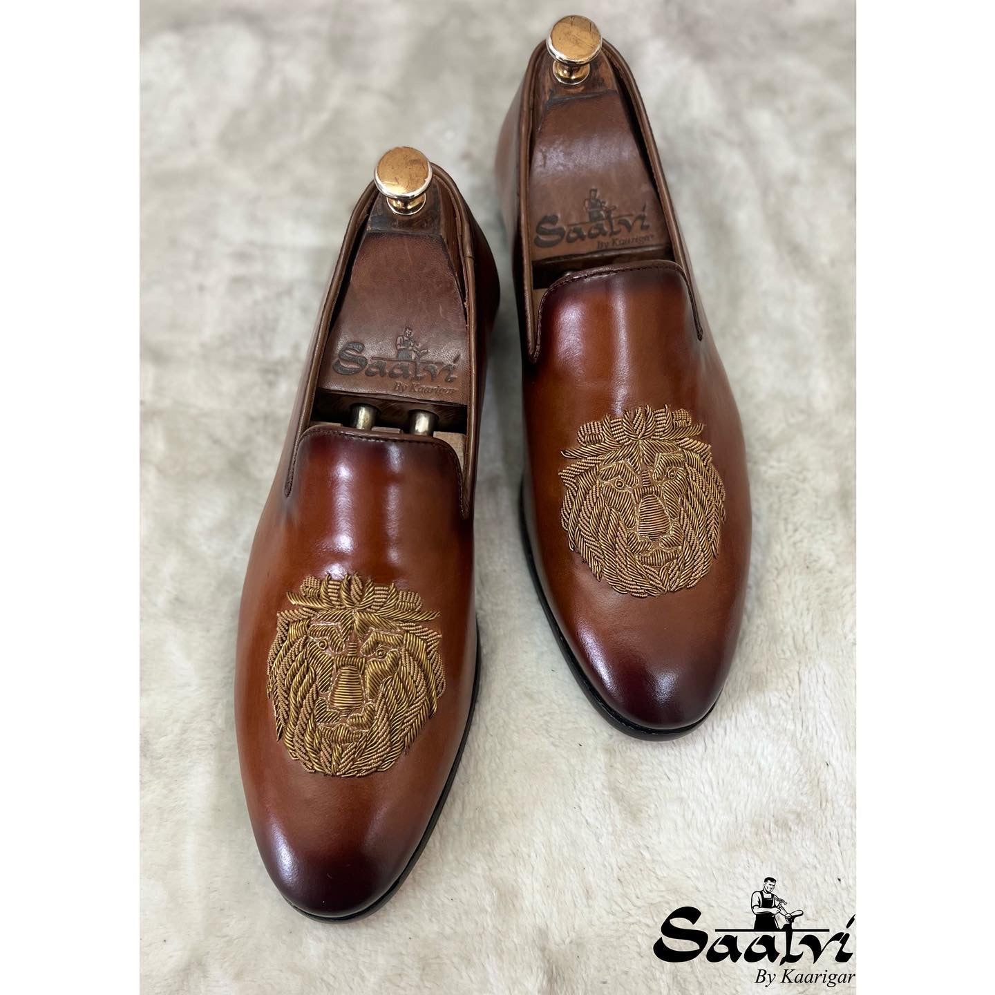 Tan Brown Lion Zardosi Slipons