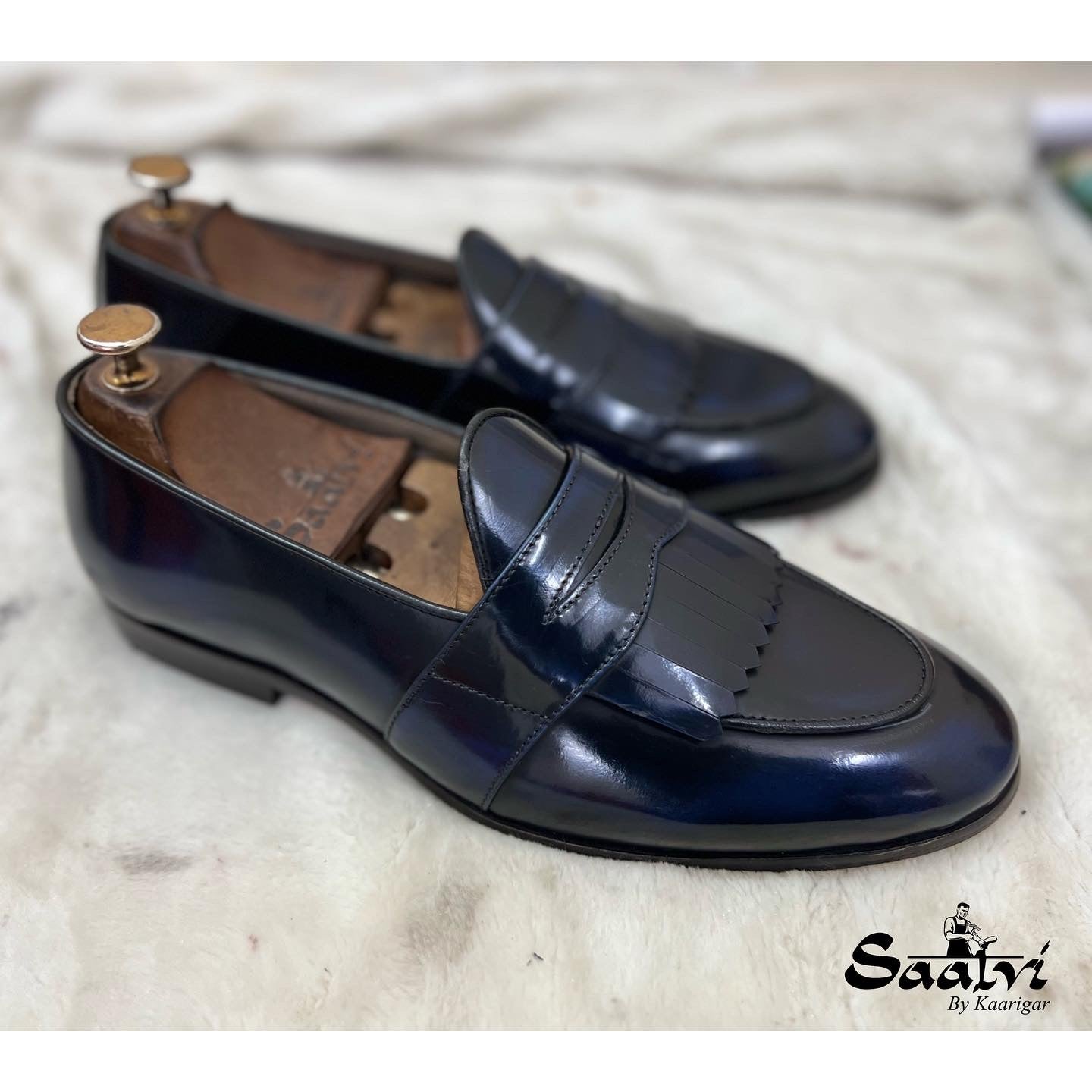 Blue Belgian Loafers for Men – Leather Fringe Slip-On Formal Shoes