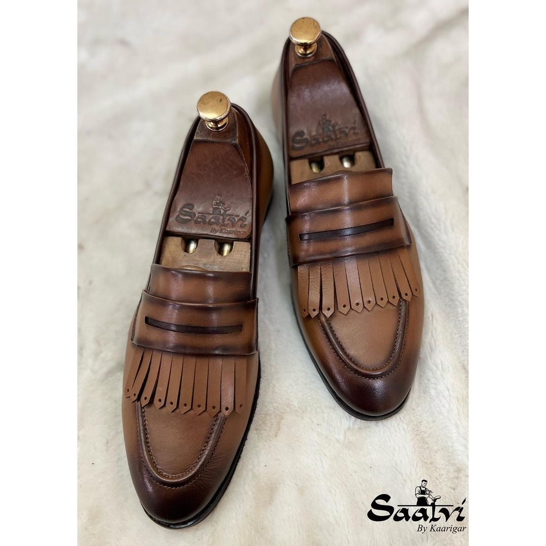 Tan Penny Loafers With Fringes