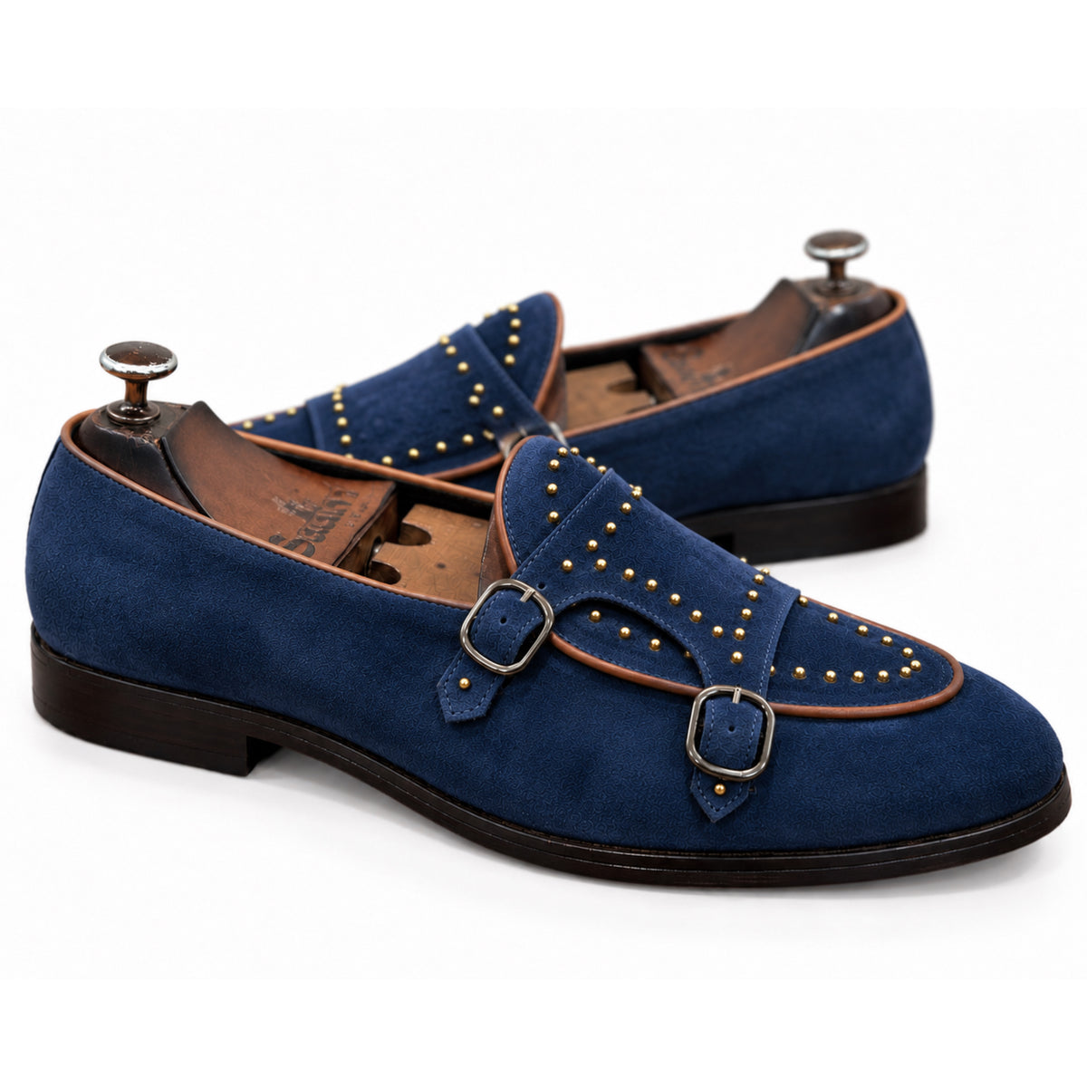 Navy Blue Double Monk Strap Shoes for Men | Studded Formal Shoes