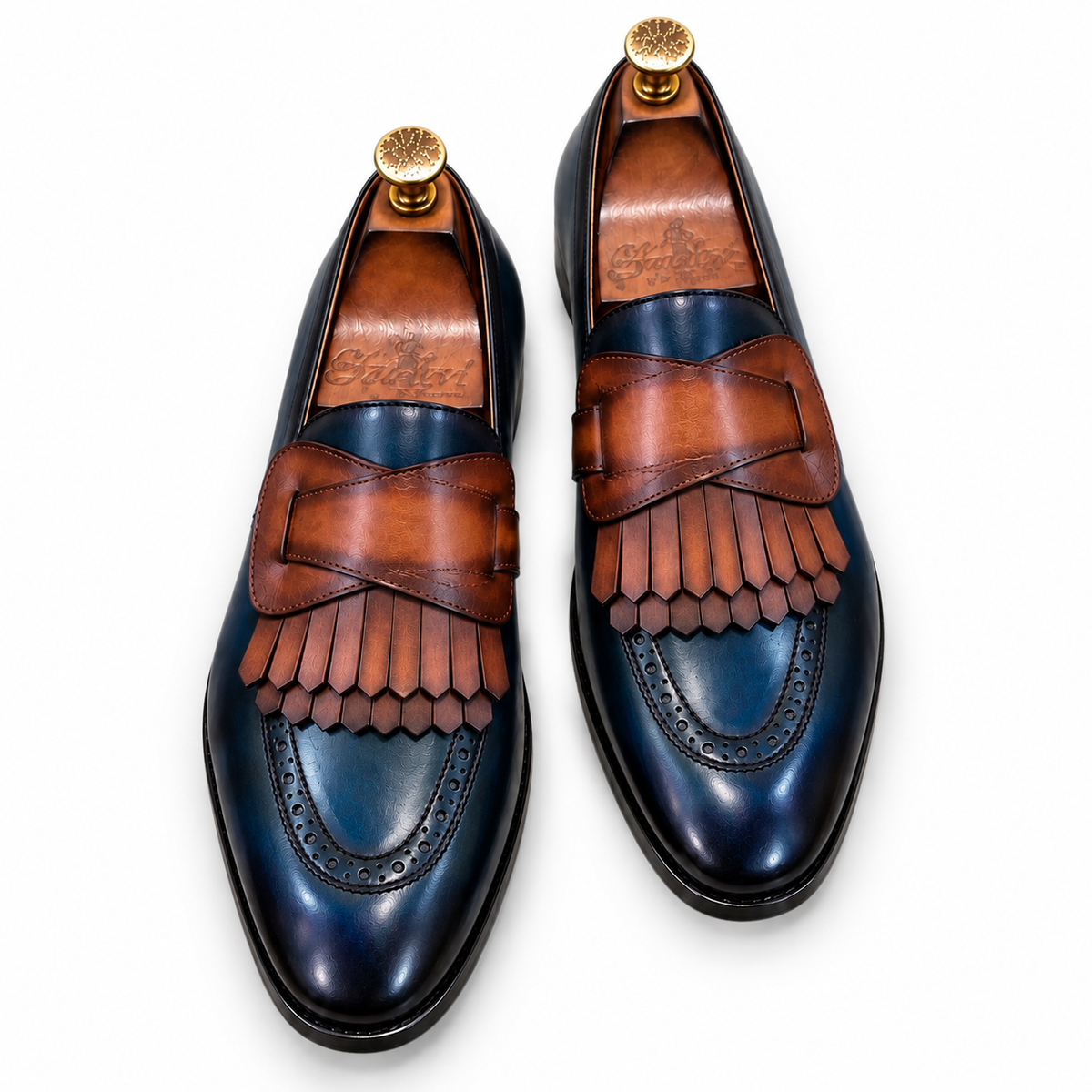 Navy Cognac Kiltie Leather Loafers