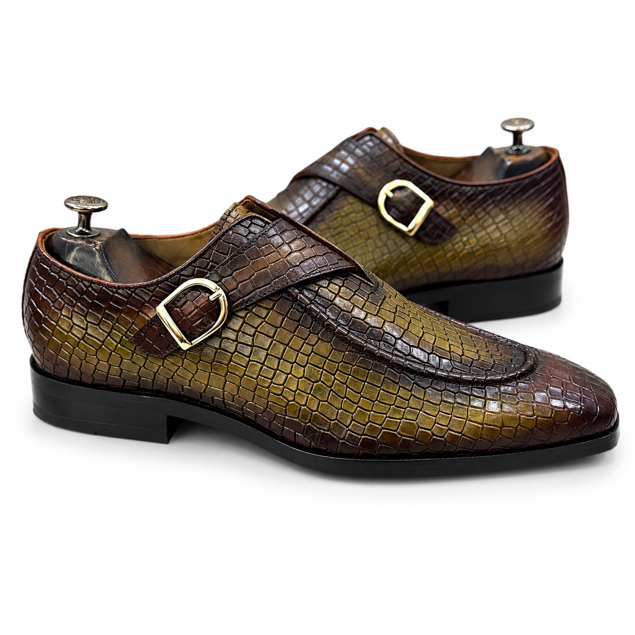 The Croco Monarch Monk – Olive Brown Croc Texture Monk Strap Shoes