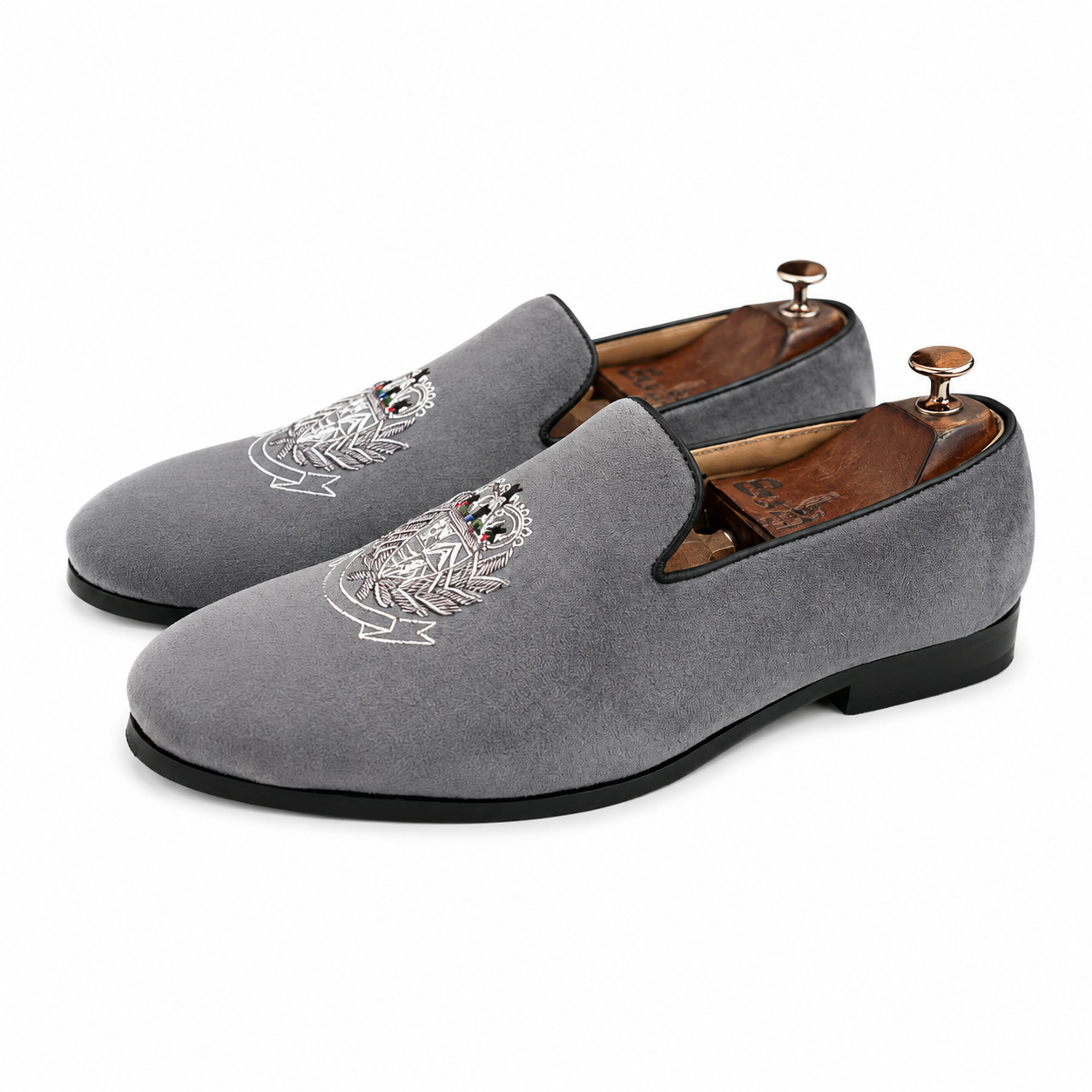 REGAL CREST GREY LEATHER EMBROIDERED LOAFERS