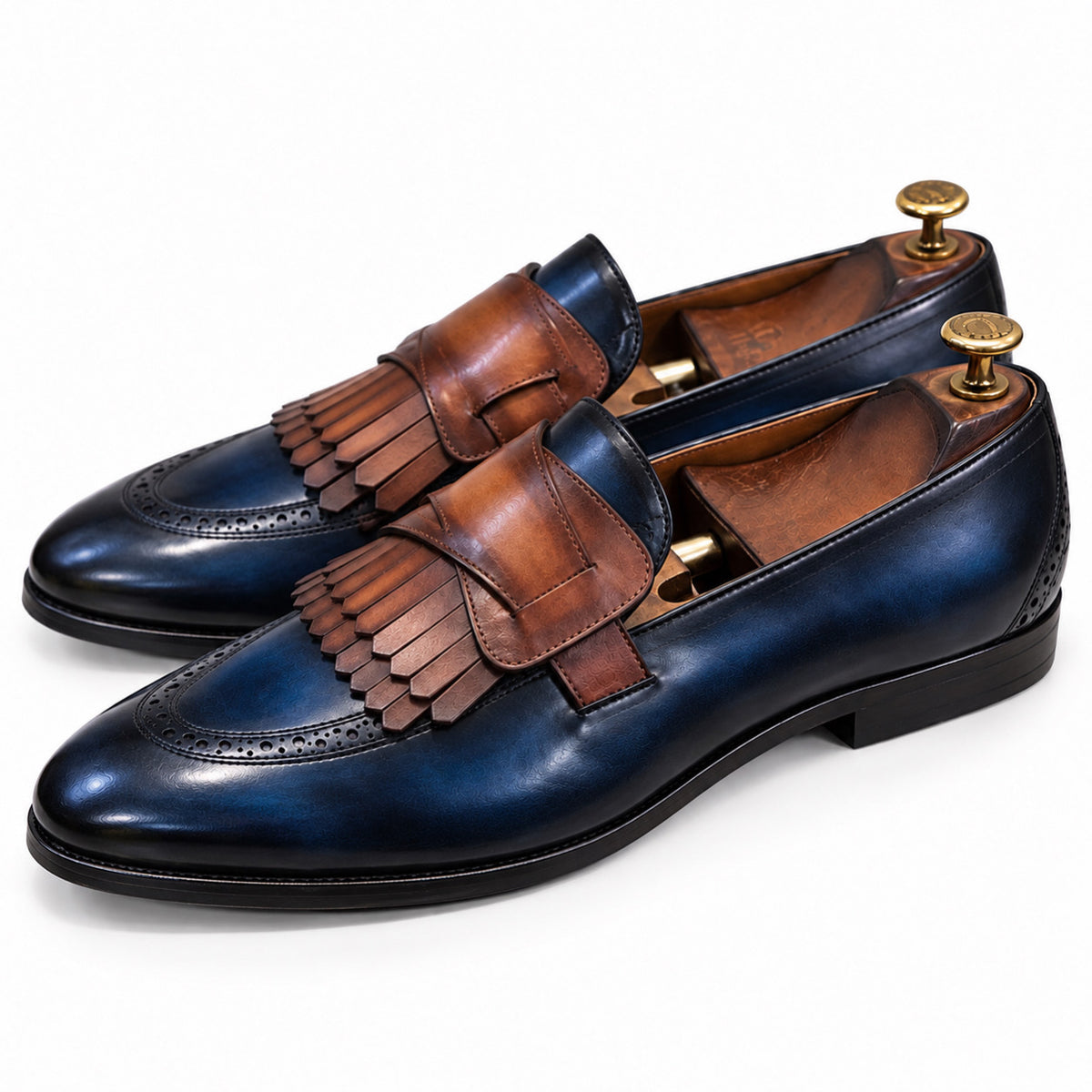 Navy Cognac Kiltie Leather Loafers