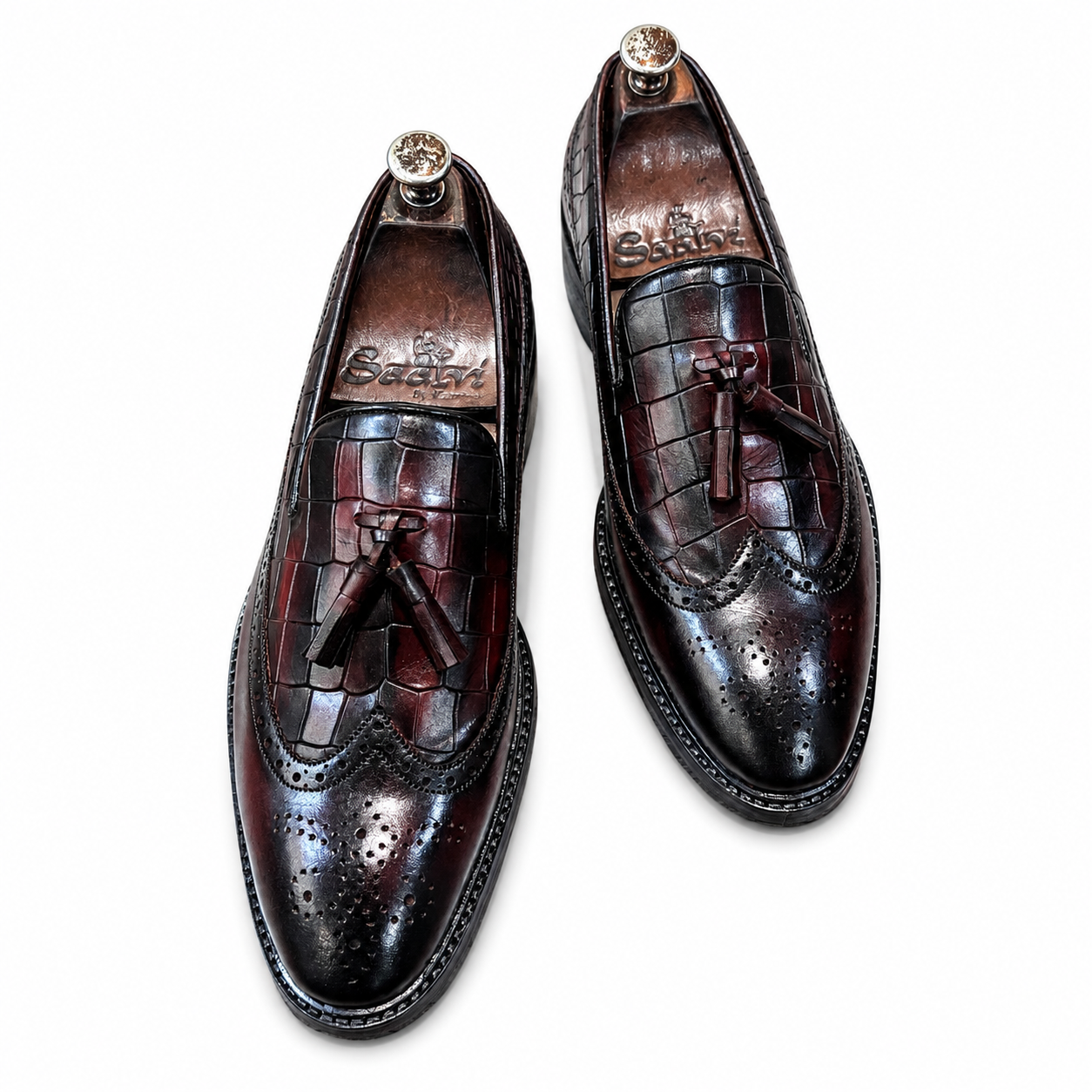 Burgundy Croc-Embossed Wingtip Tassel Loafers