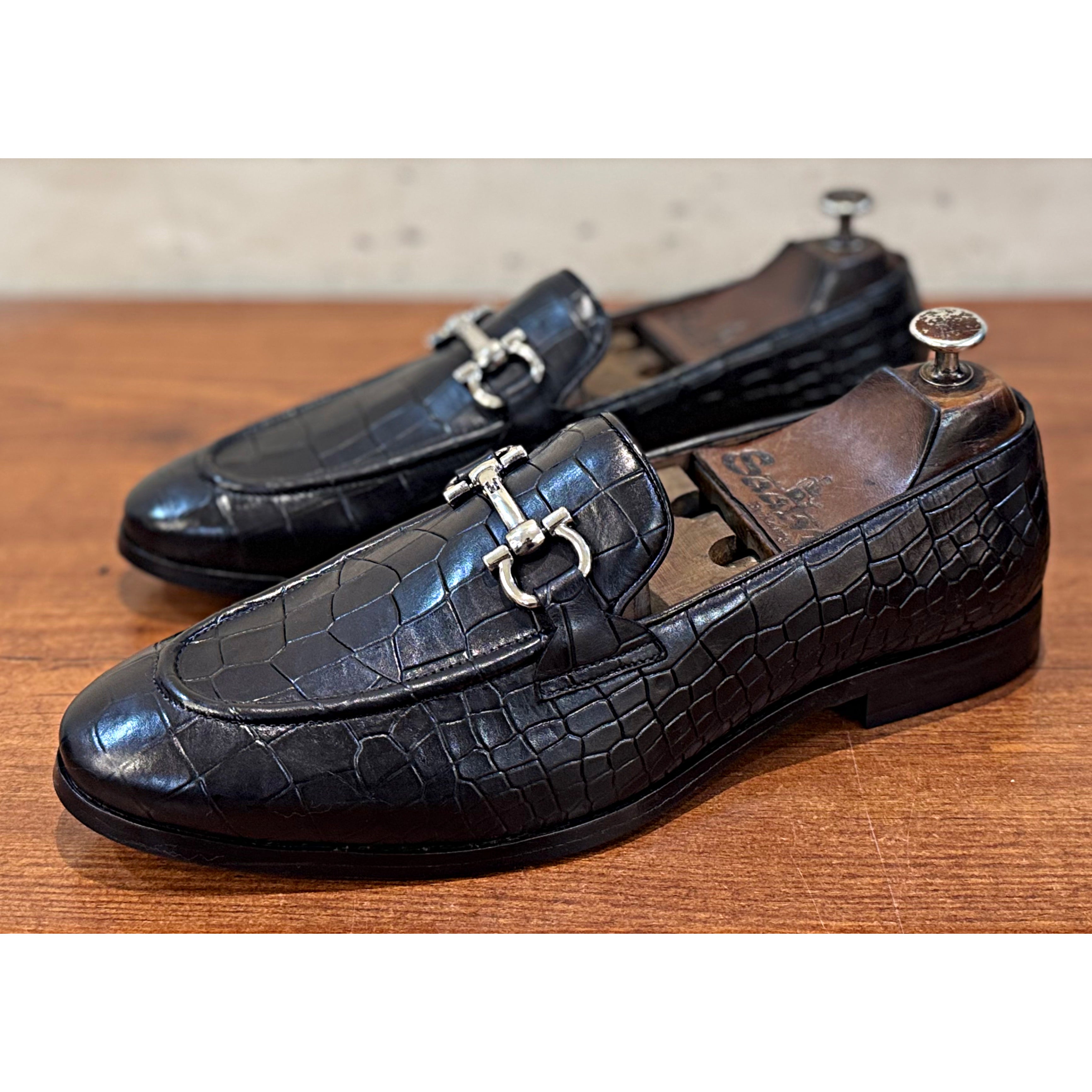 Black Croco Horsebit Loafers