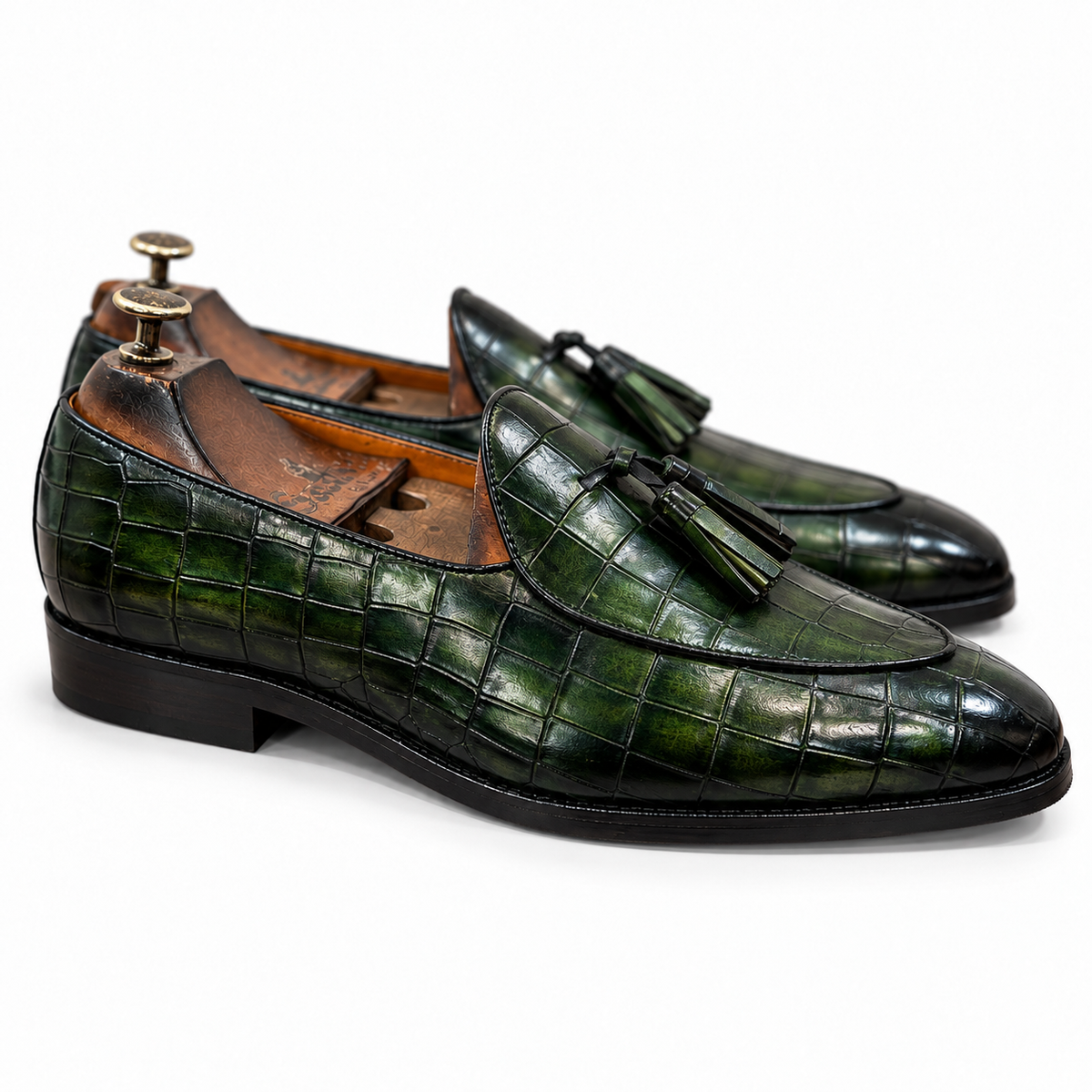 Verde Noir Croco Tassel Loafers