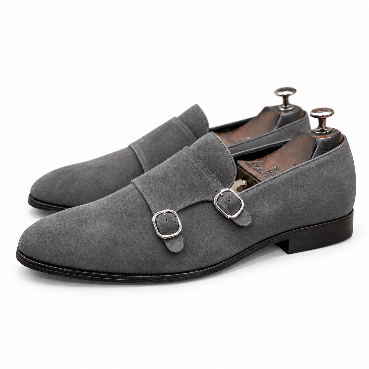 Slate Grey Double Monk Suede Shoes
