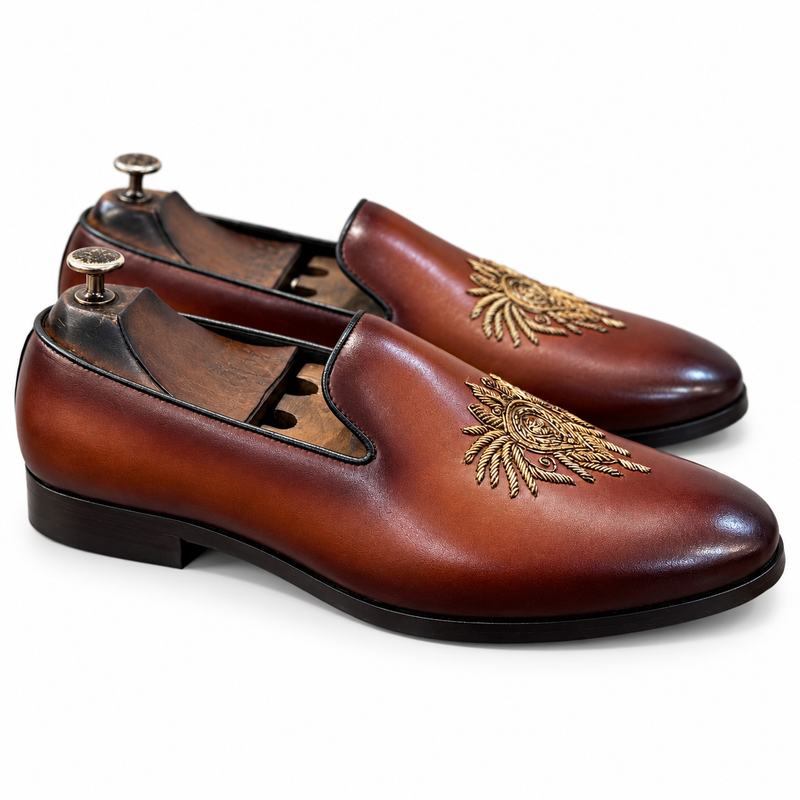 Aarambh Royal Brown Embroidered Slip-On Shoes
