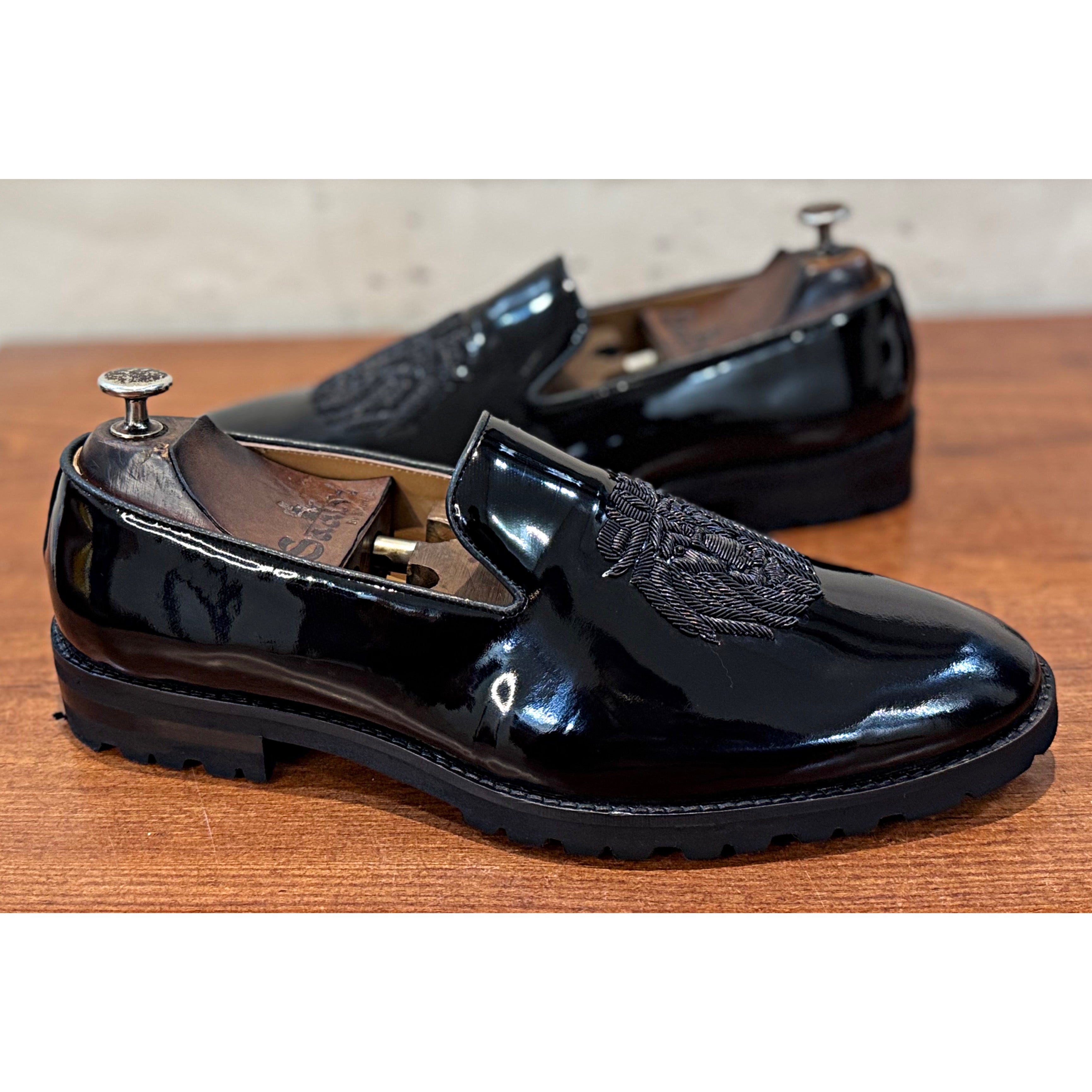 Black Patent Lion Black Zardosi Slipon Chunky