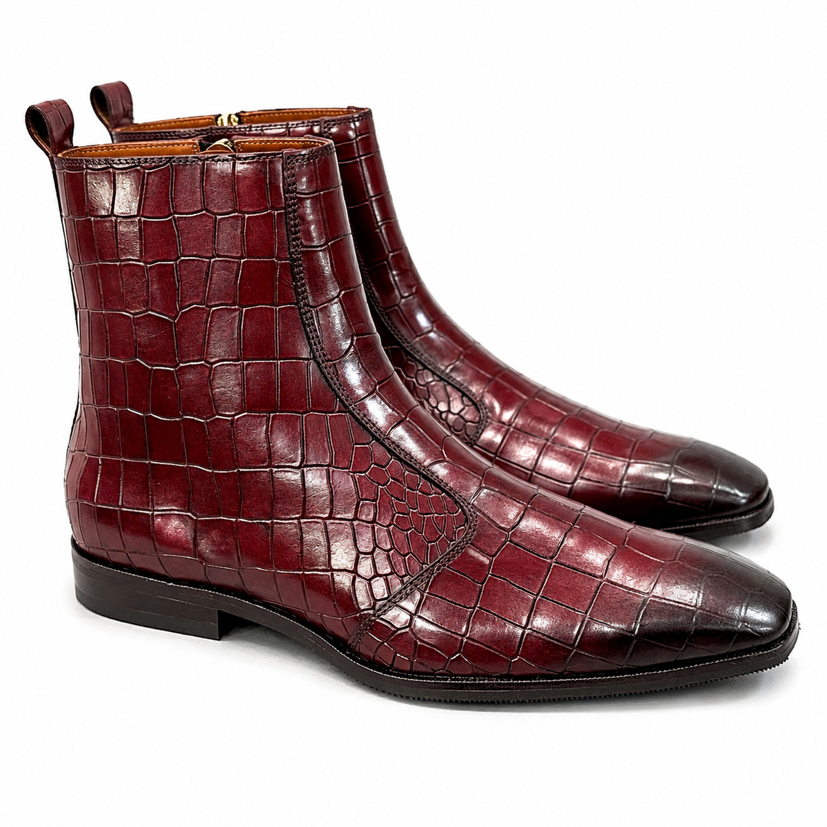 Bordeaux Croco Hand-Patina Leather Ankle Boots