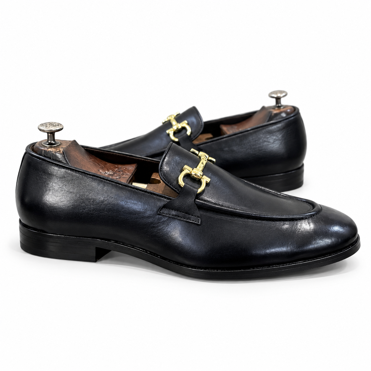 Noir Gold Horsebit Leather Loafers
