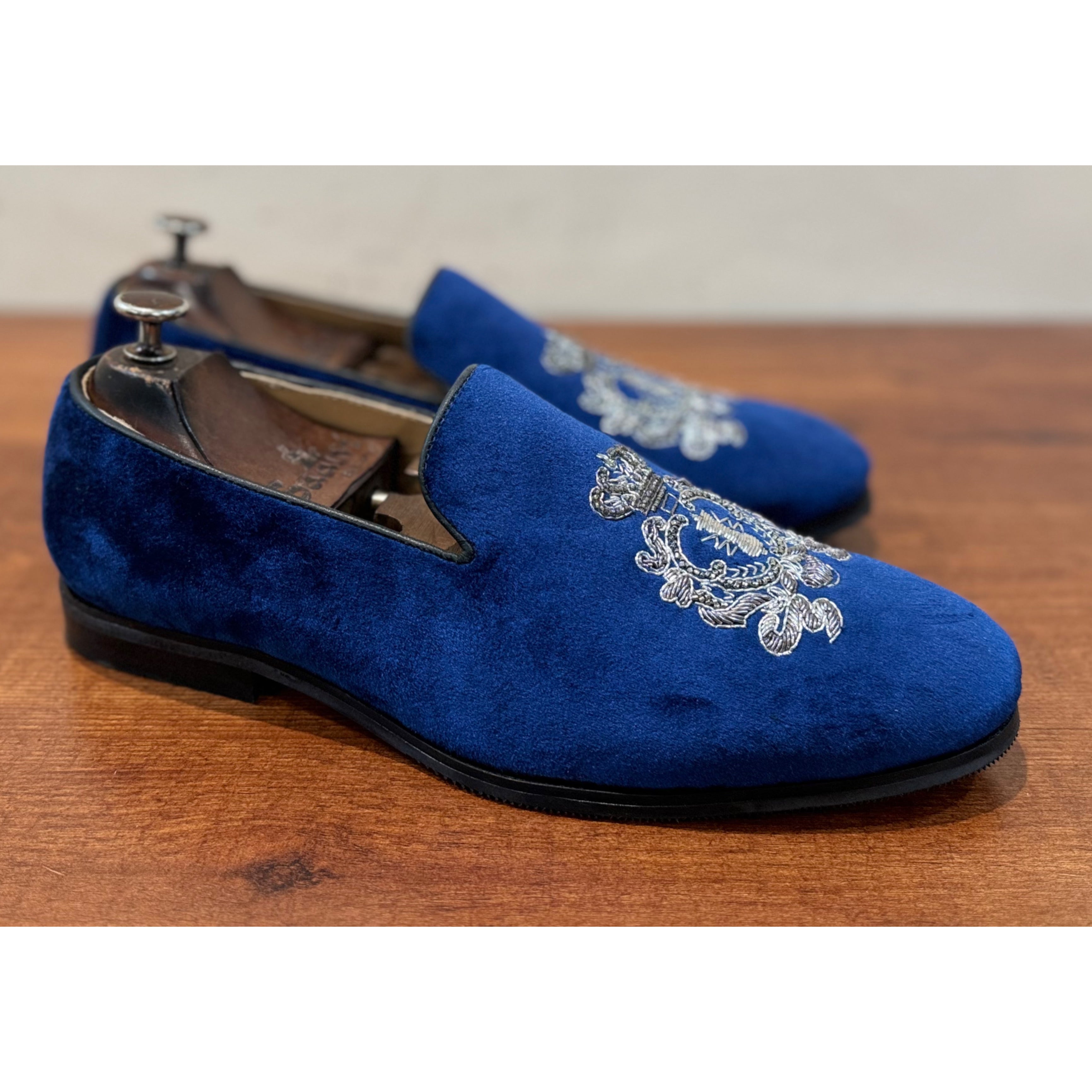 Blue Velvet Embroidery Slipons