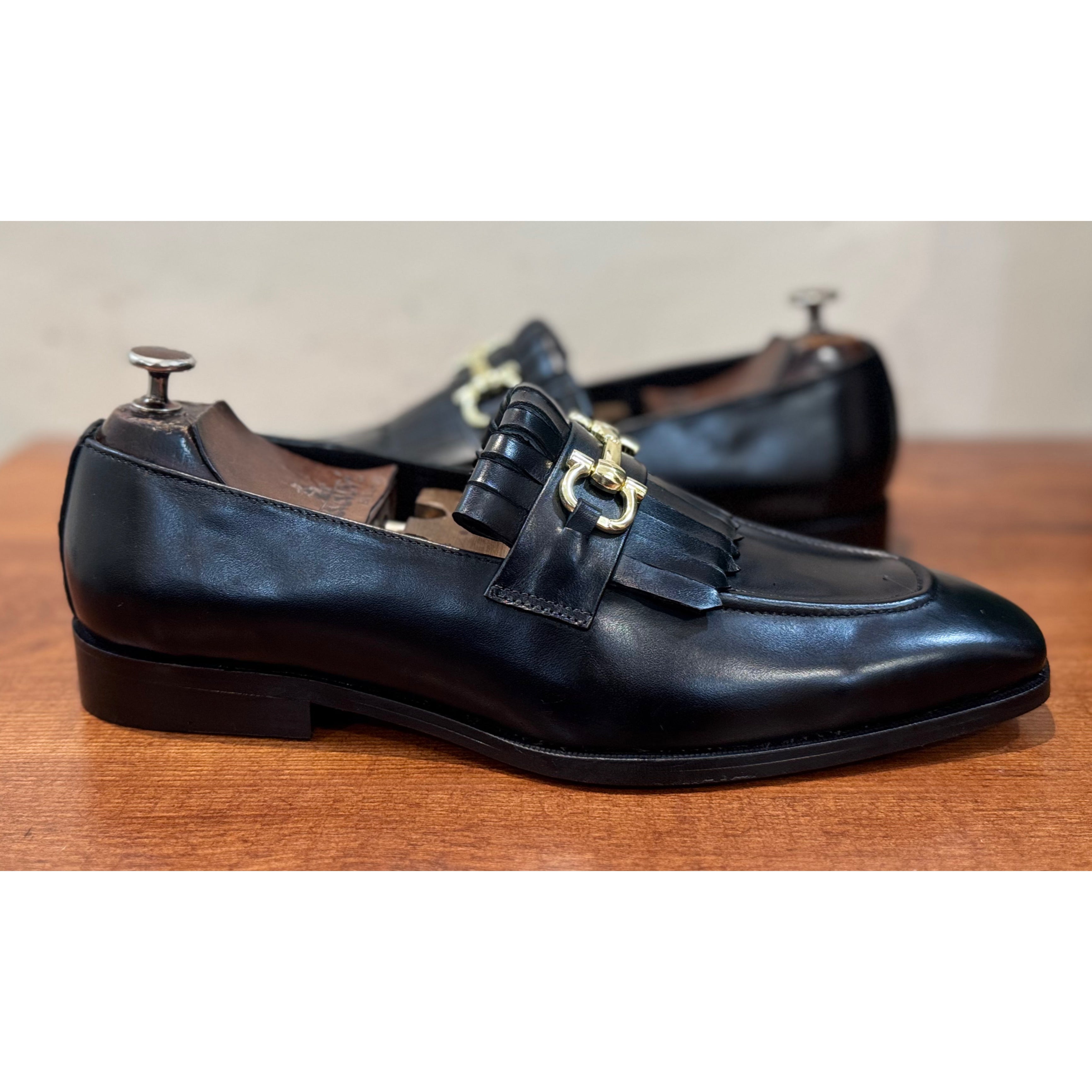 Black Fringe Loafers With Metal Trim