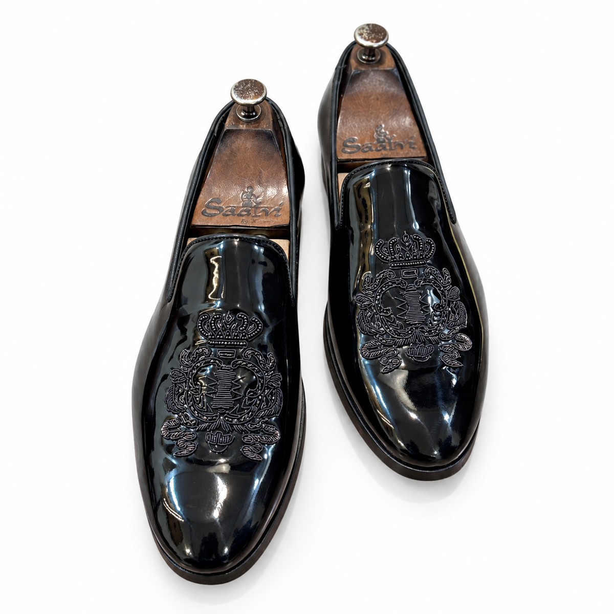 Obsidian Crest – Black Patent Embroidered Loafers
