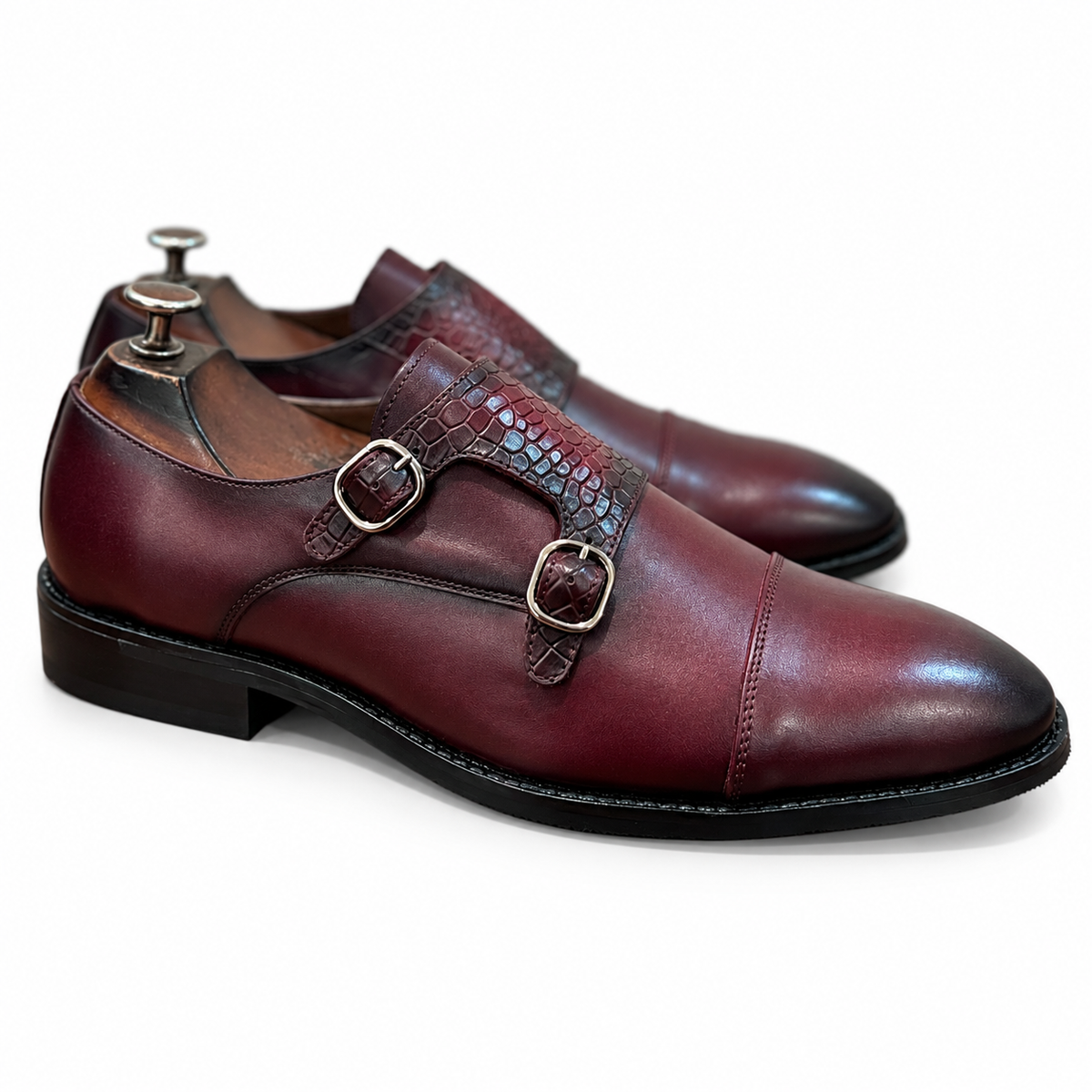 Bordeaux Twin-Texture Double Monk Shoes