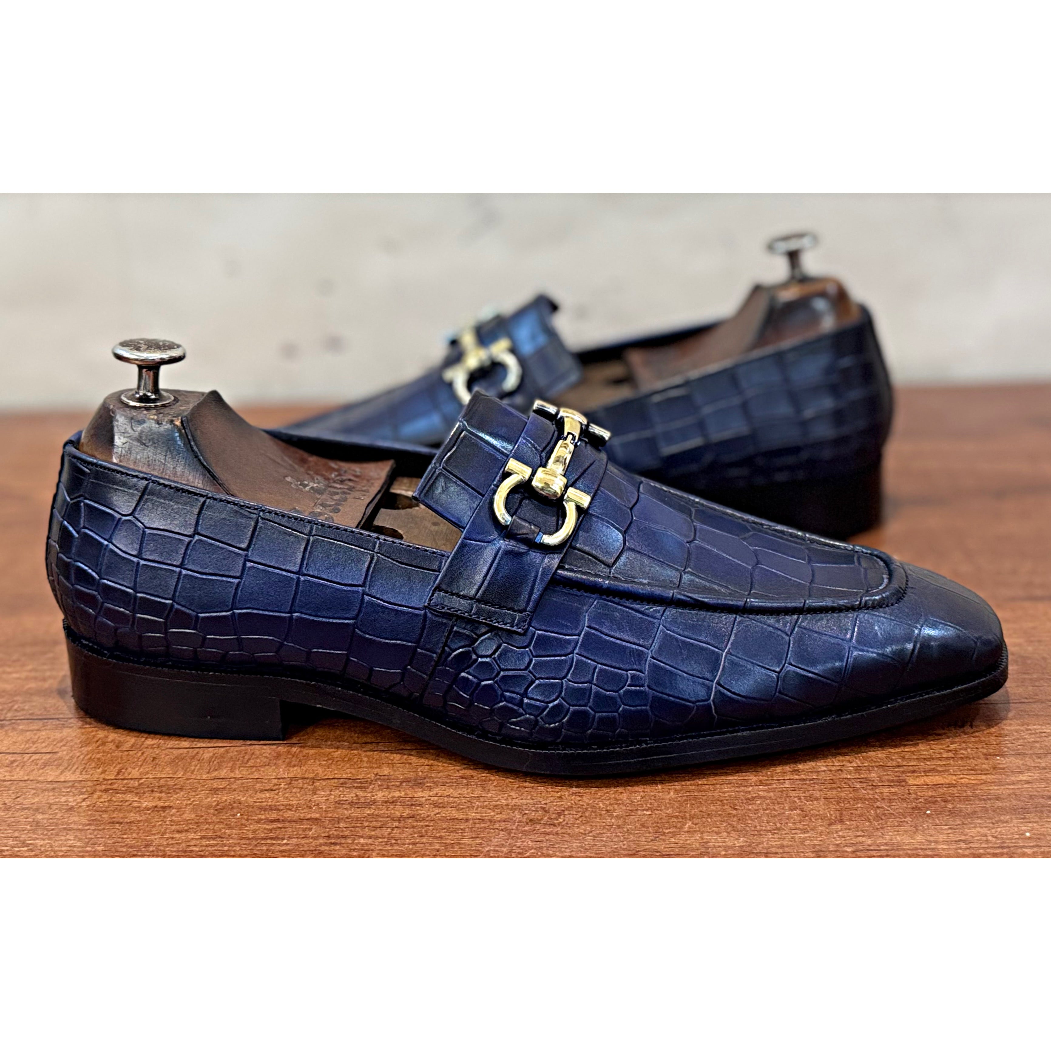 Croco Blue Loafers Golden Buckle