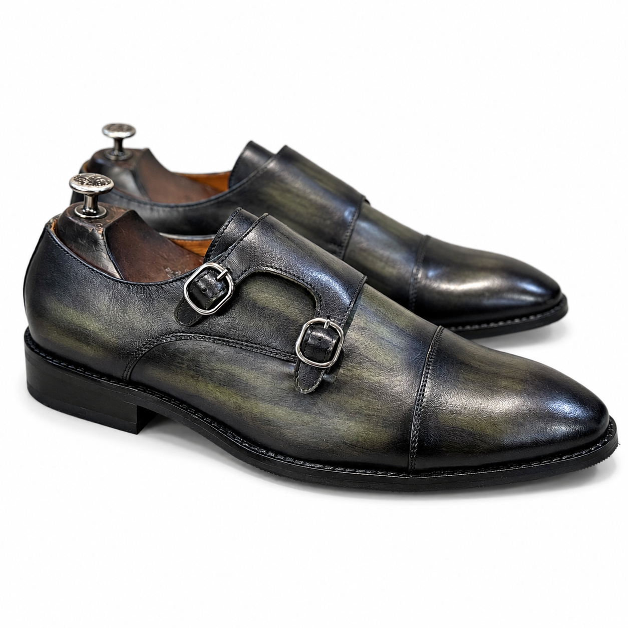 Green Leather Toe Cap Double Monk Straps