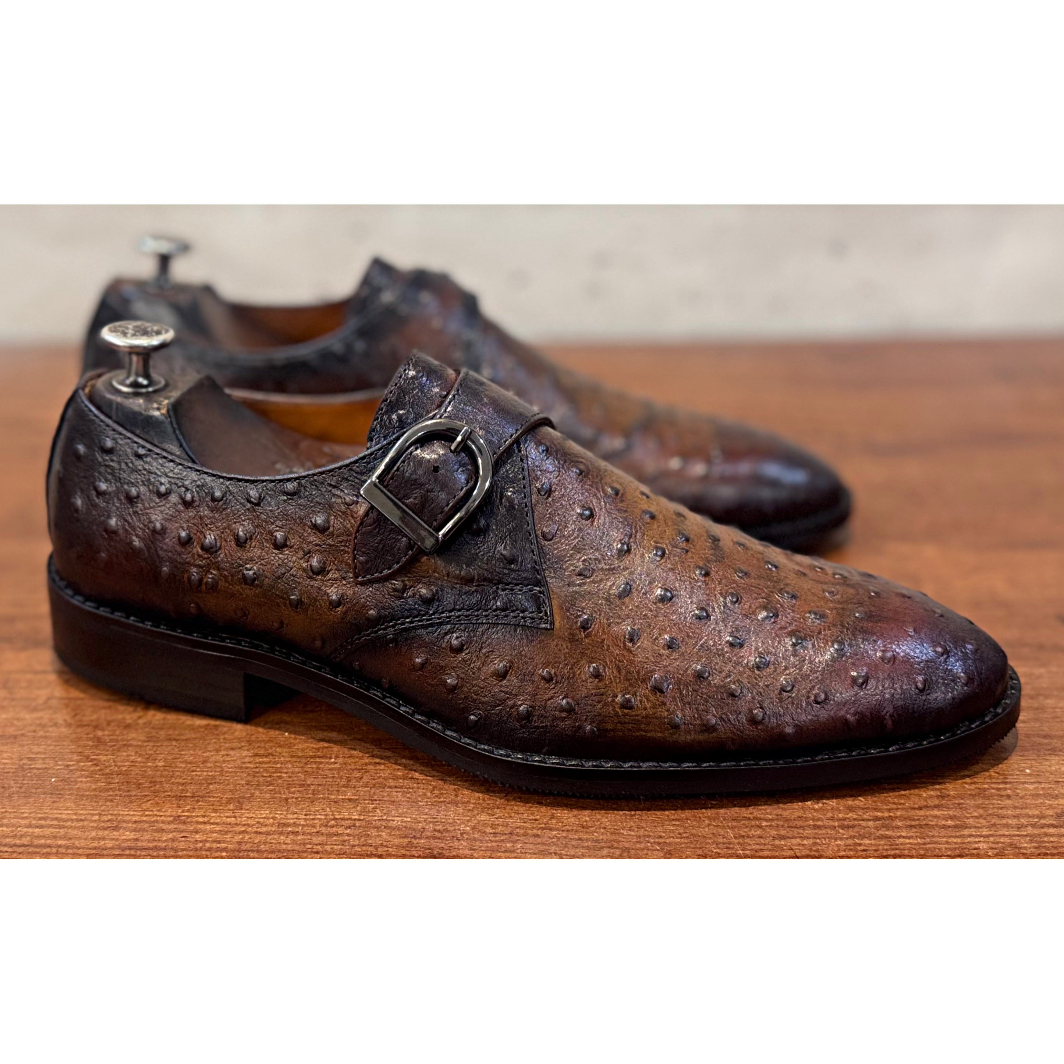T Brown Ostrich Single Monk Straps