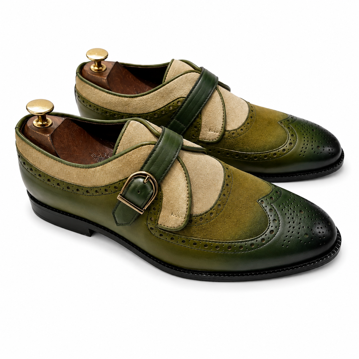 Olive Heritage Two-Tone Single Monk Strap Brogues