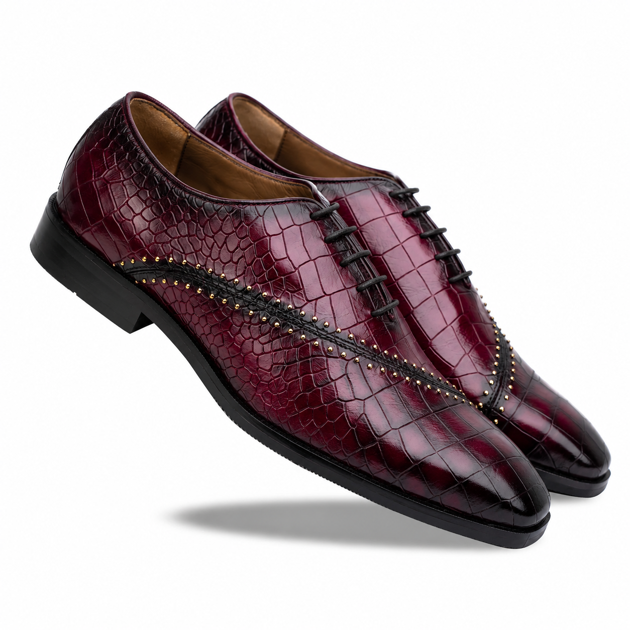 The Bordeaux Sovereign – Croc-Embossed Studded Oxford