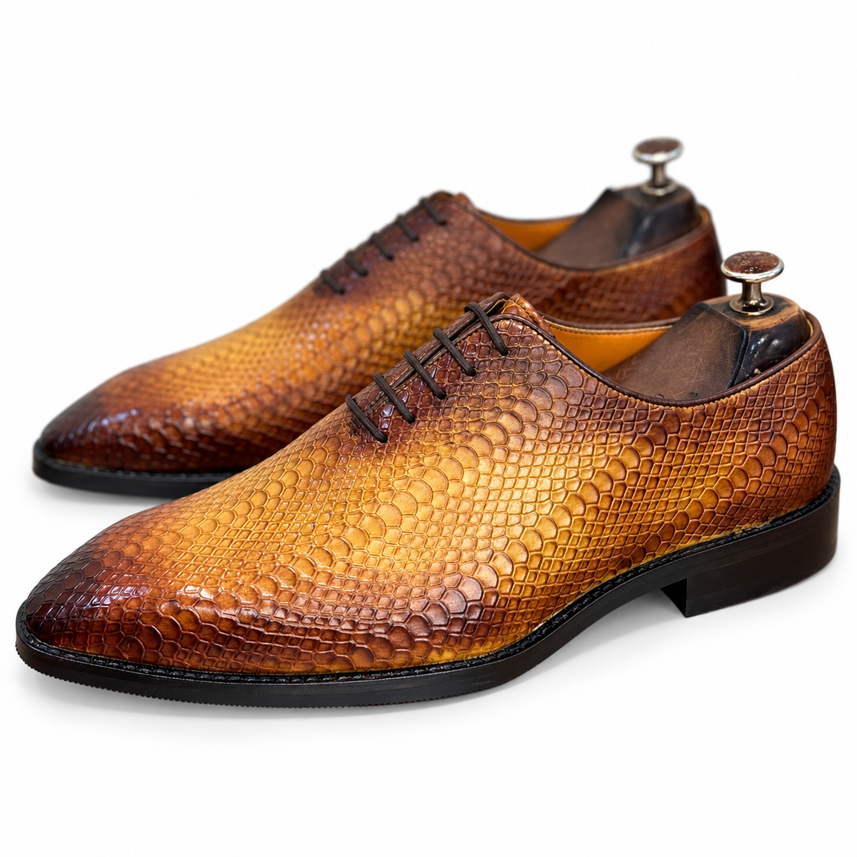 Cognac Python-Embossed Wholecut Oxfords