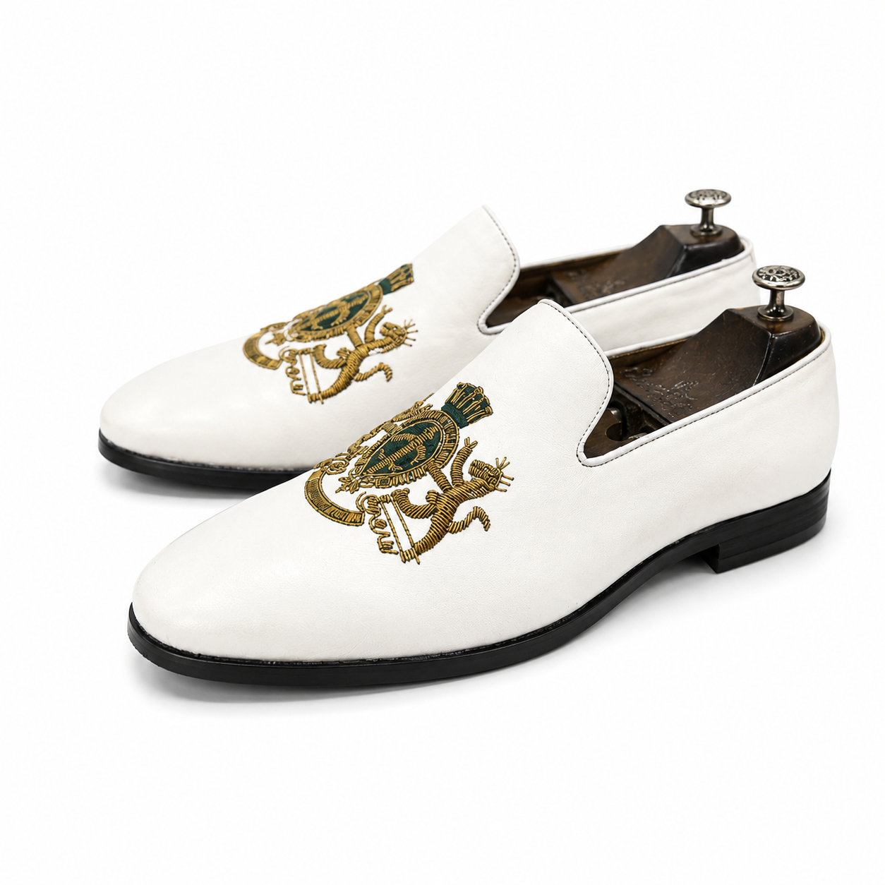 Royal White Green & Gold Hand-Embroidered Leather Slipons