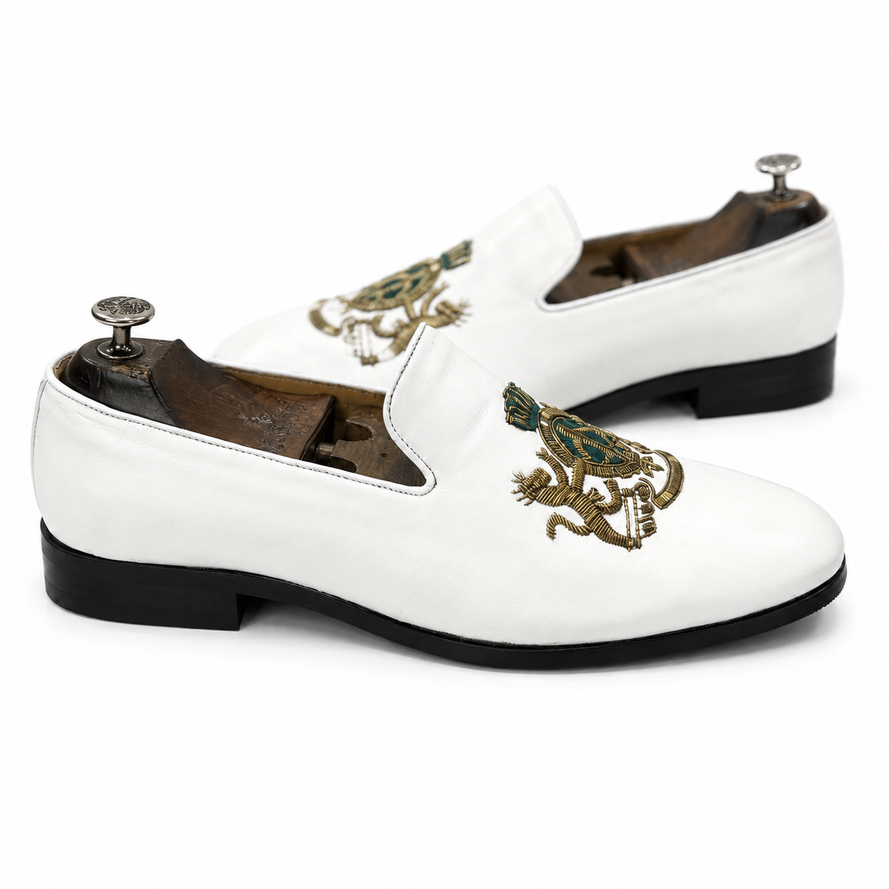 Royal White Green & Gold Hand-Embroidered Leather Slipons