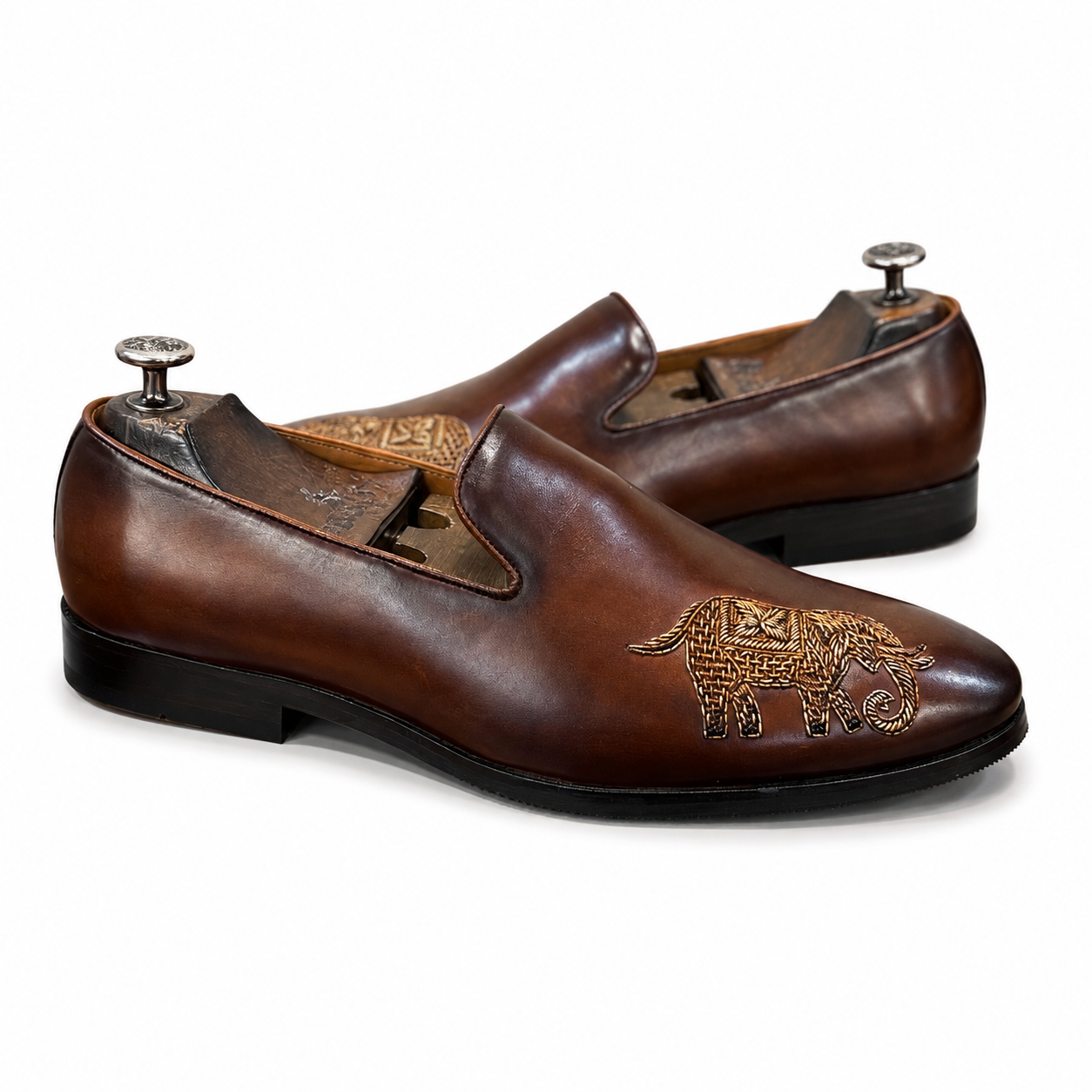 Brown Elephant Embroidered Leather Loafers