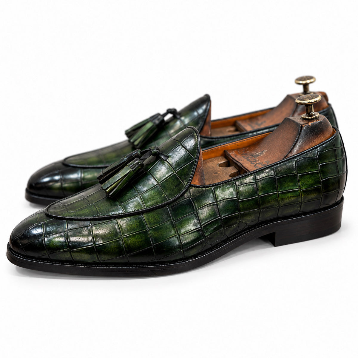 Verde Noir Croco Tassel Loafers