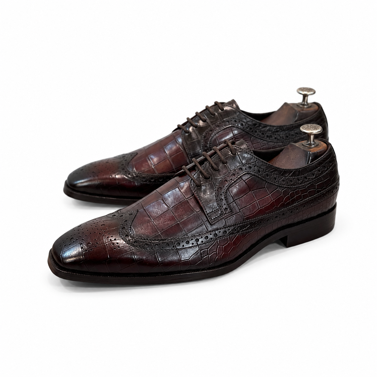 Royal Burgundy & Black Croc-Embossed Wingtip Brogue Shoes