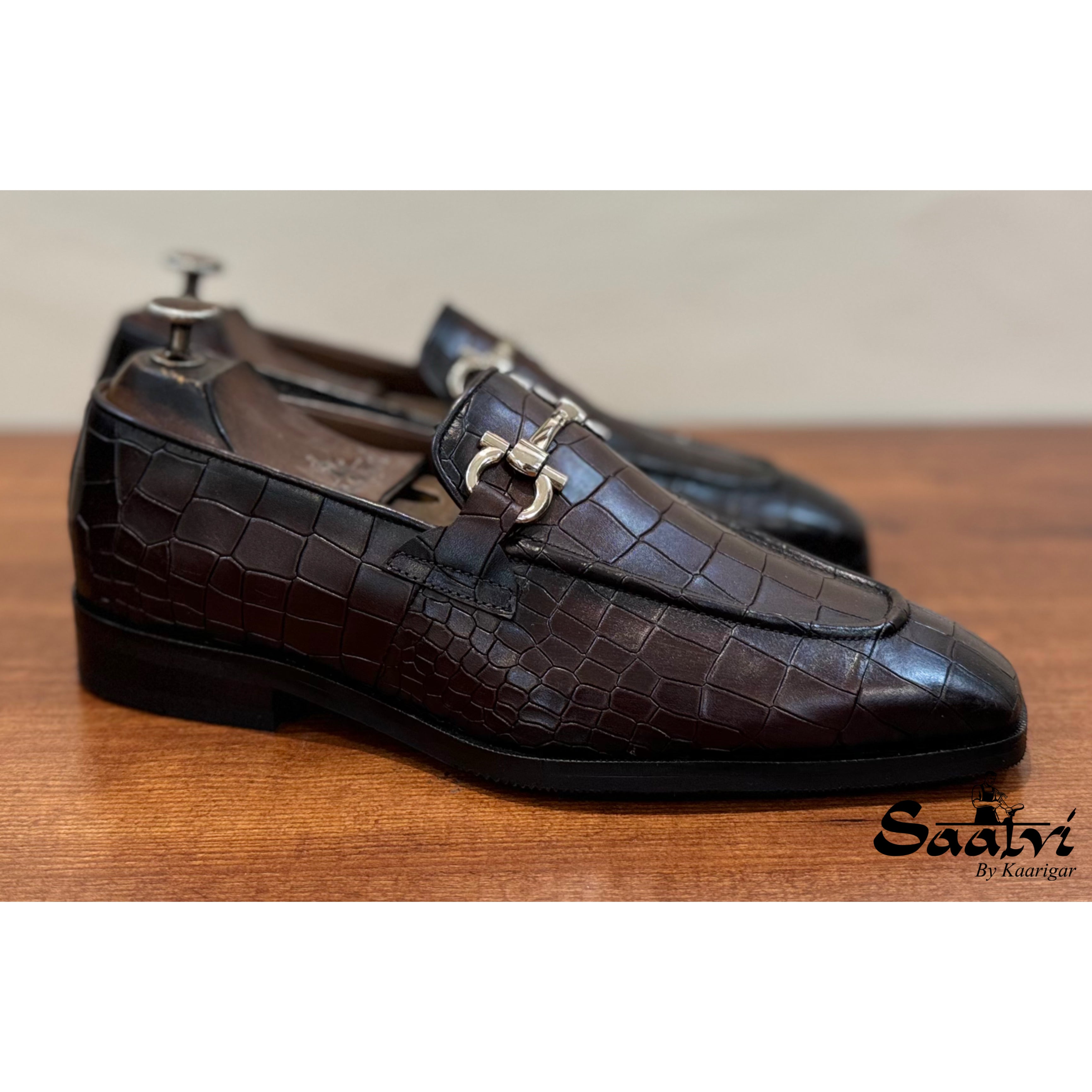 Brown Croco Loafers Hand Patina