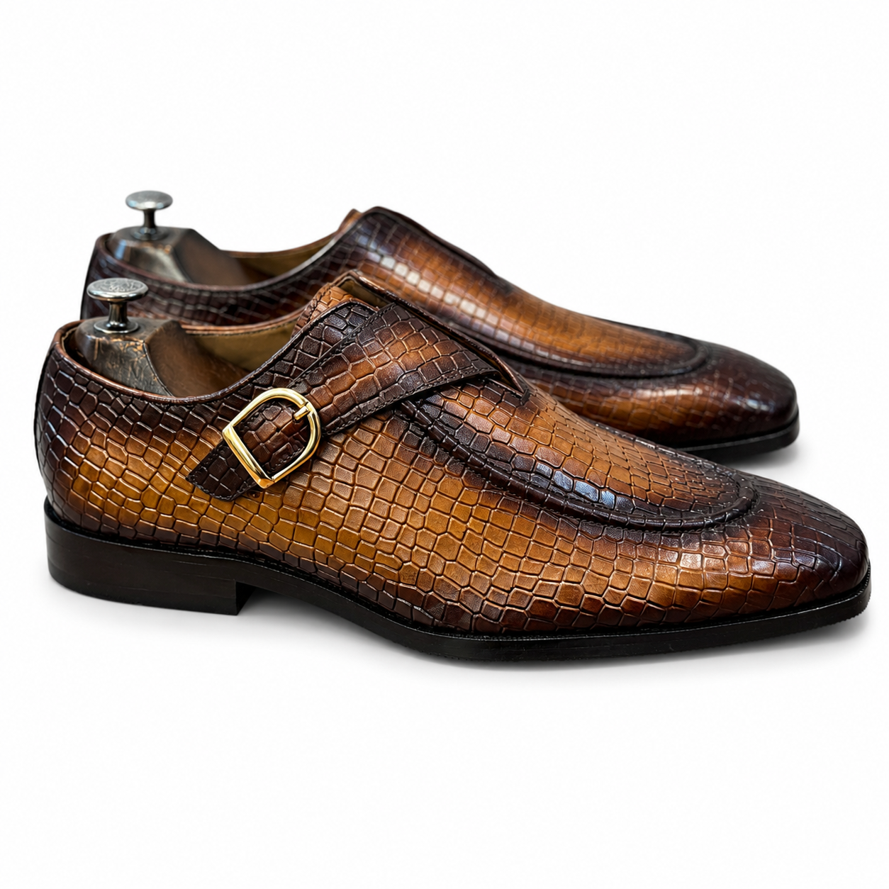 Monaco Croc Monk Strap Shoes Tan