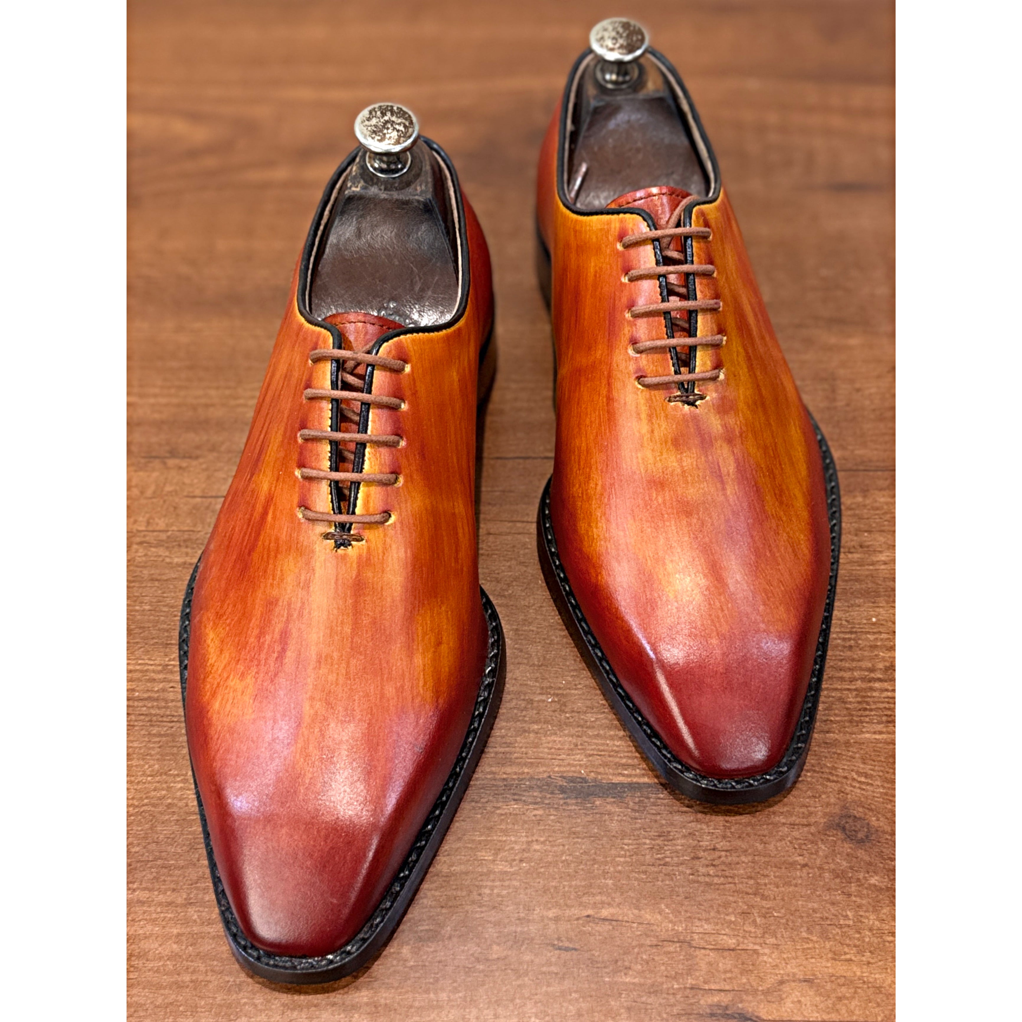 Burnished Orange Patina Leather Oxford Shoes – Luxury Hand-Painted Formal Dress Shoes