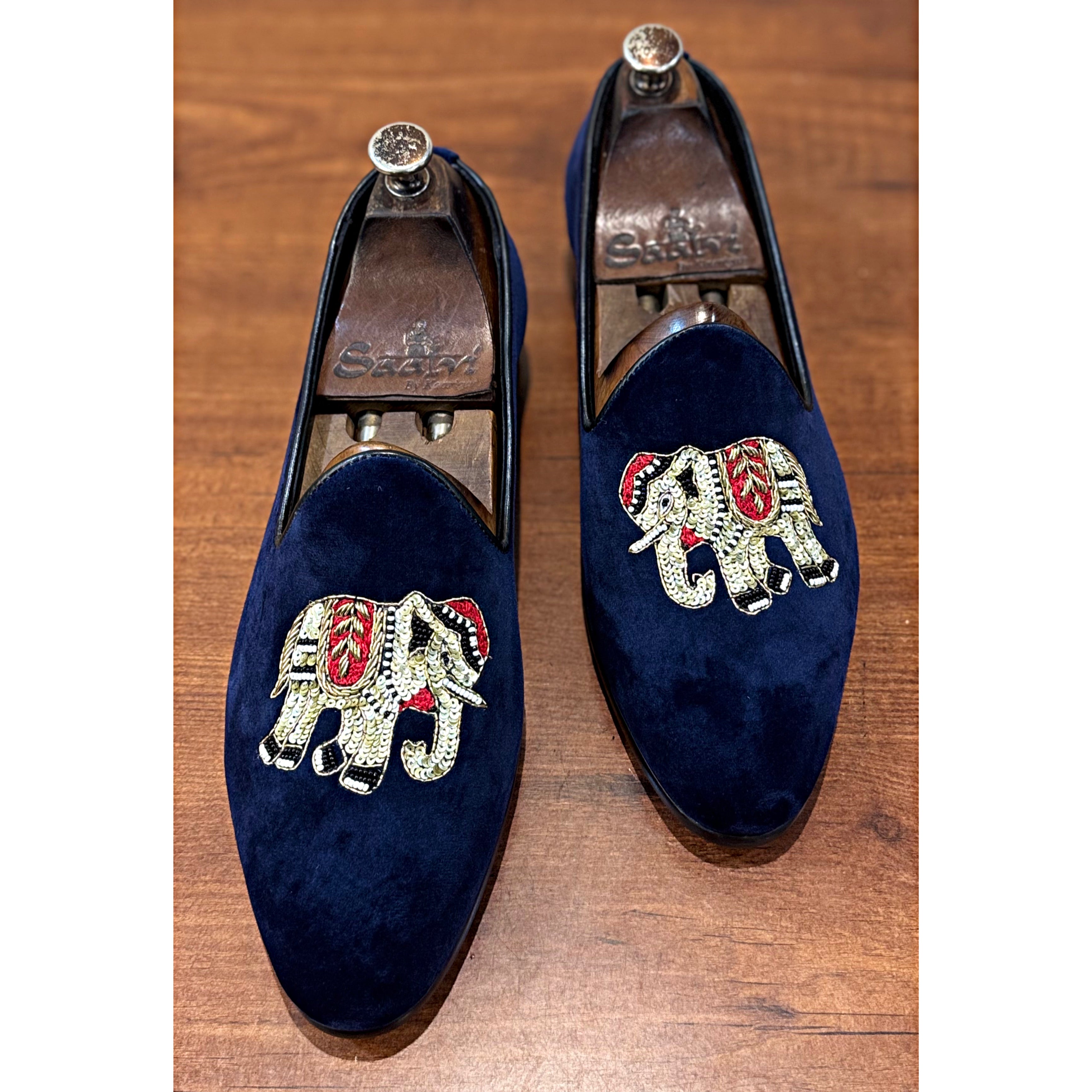 Blue Elephant Embroidery Slipons