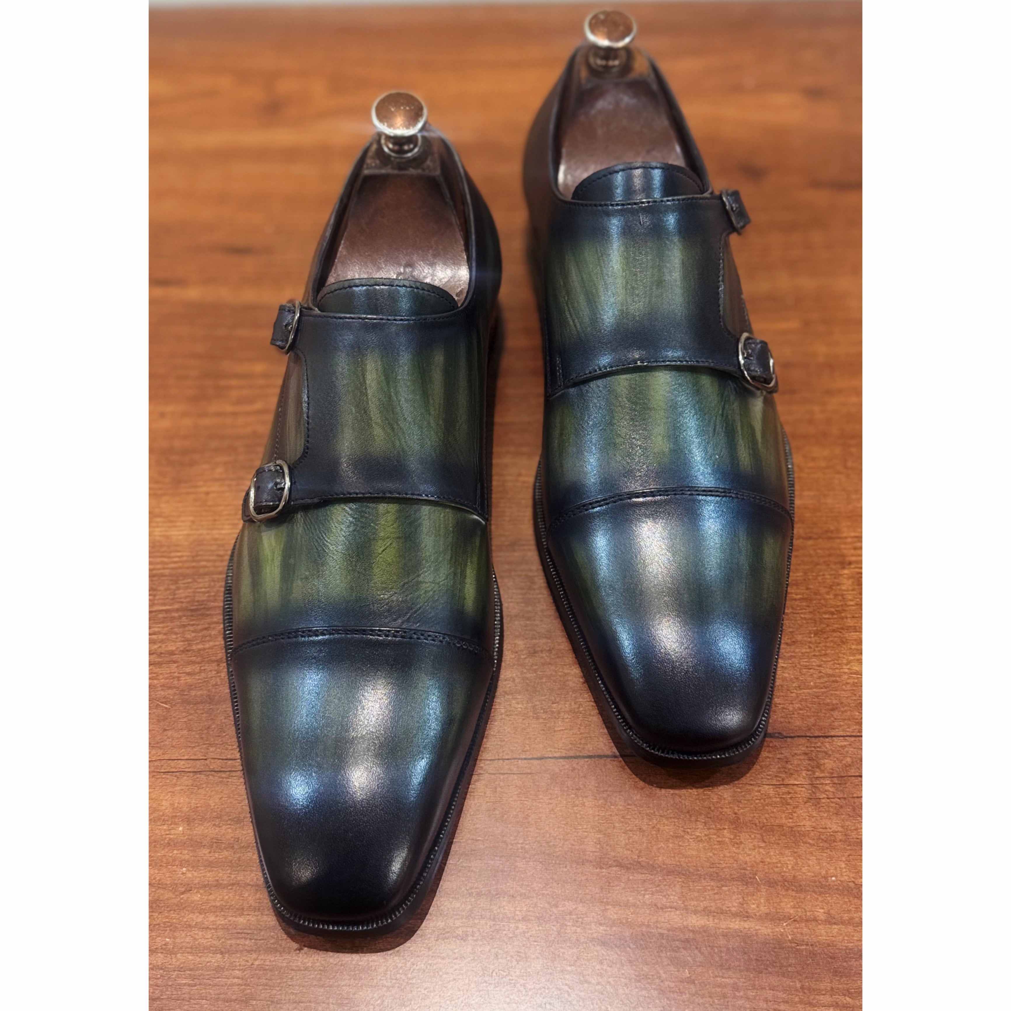 Double Monk Straps Green Hand Patina