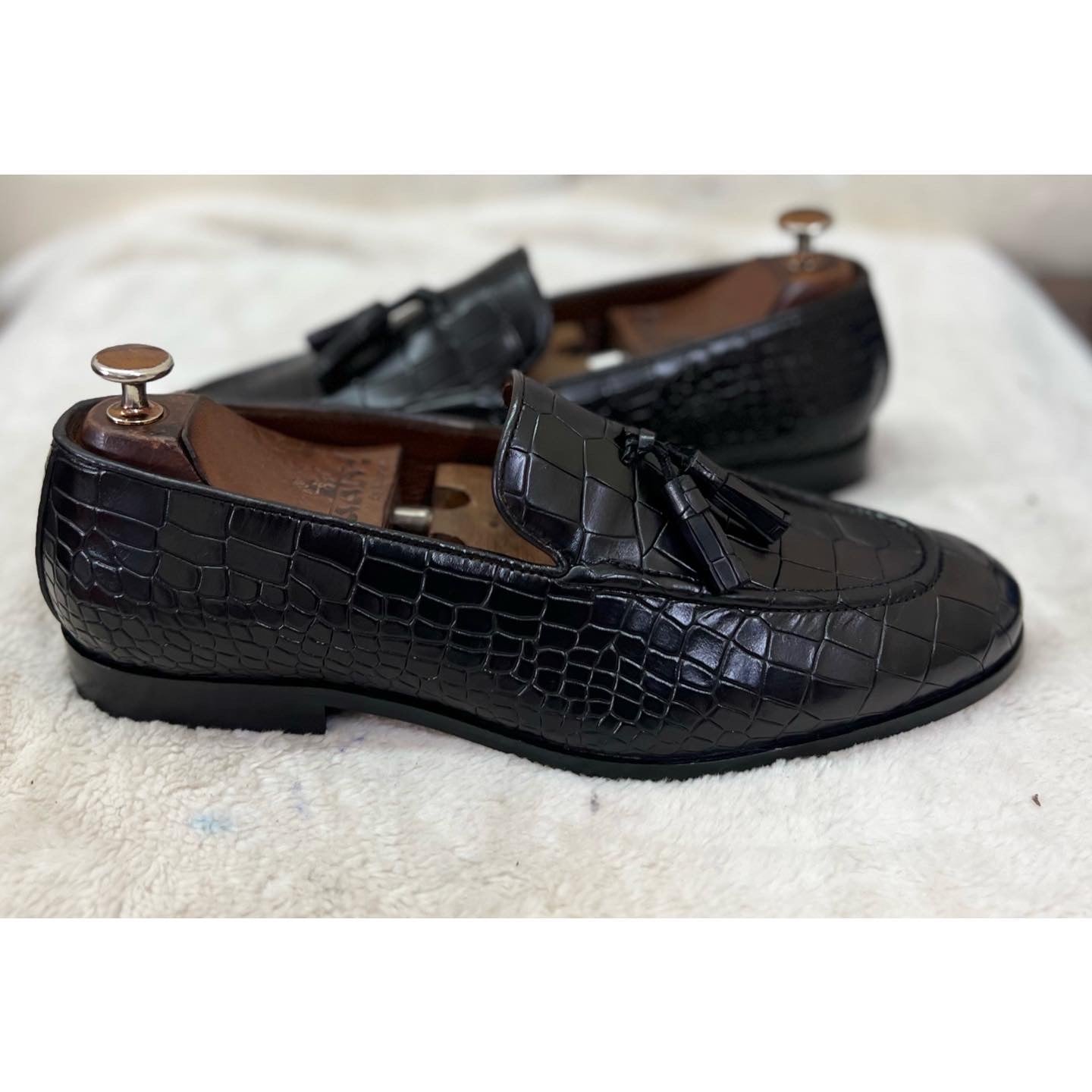 Black Crocodile Loafers With Tassels