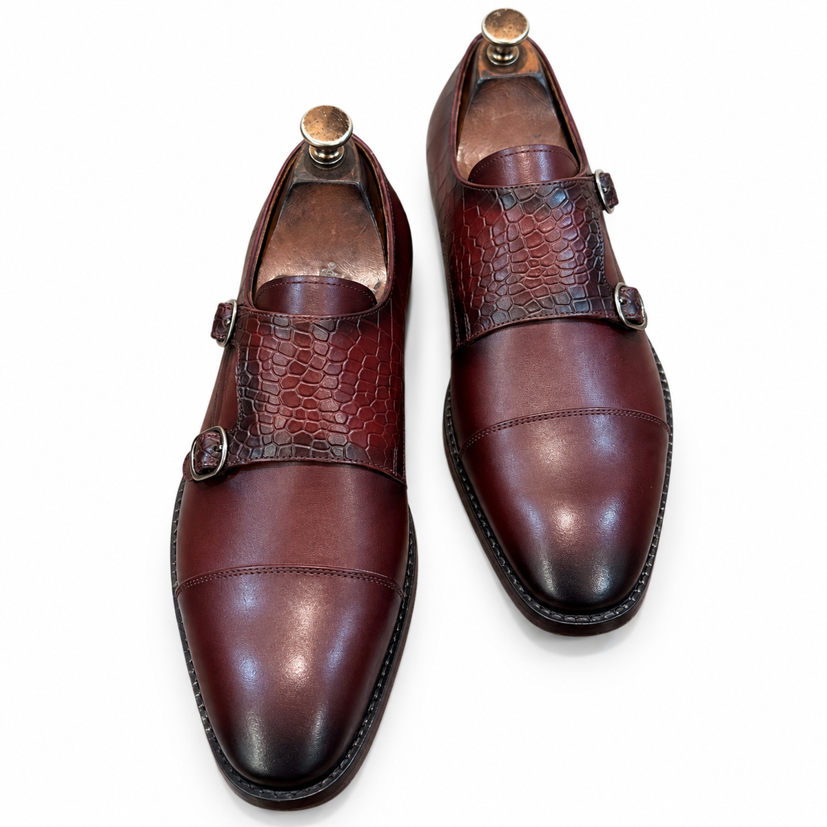 Bordeaux Twin-Texture Double Monk Shoes