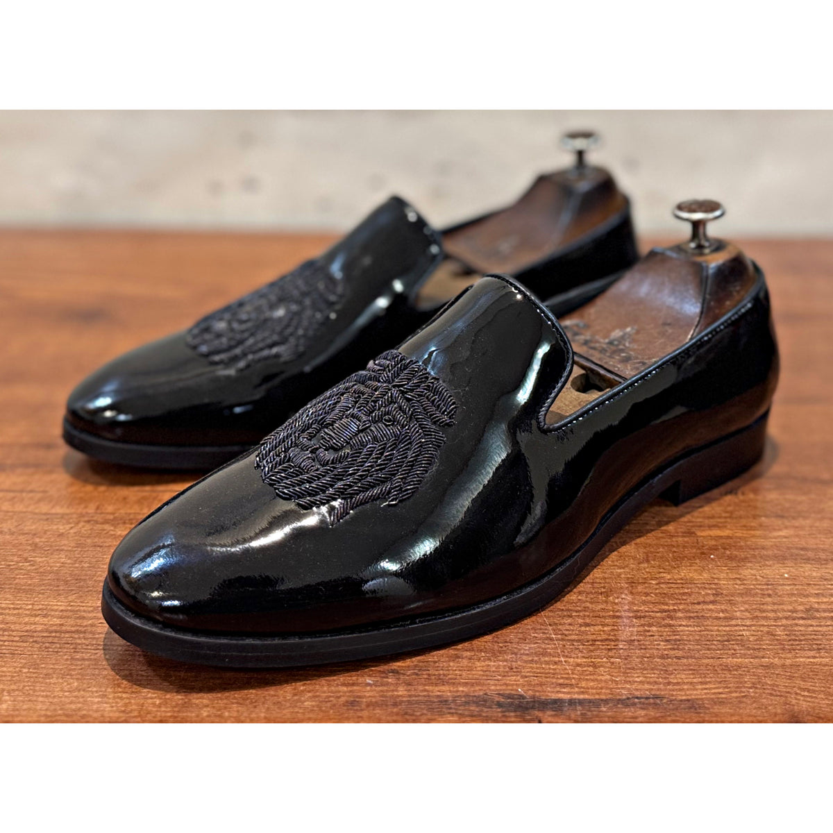 Black Patent Lion Black Zardosi Slipons