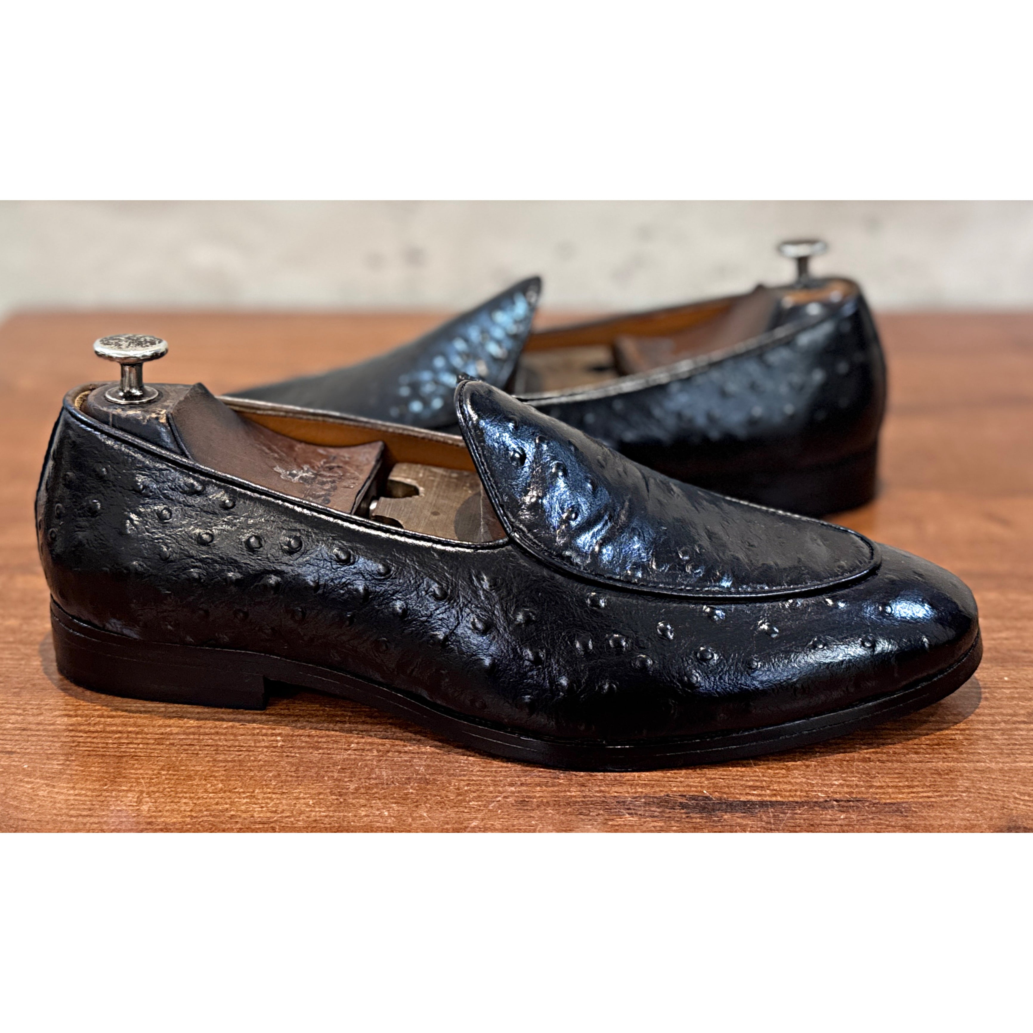 The Nero Ostrich Slipper – Black Exotic Leather Loafers