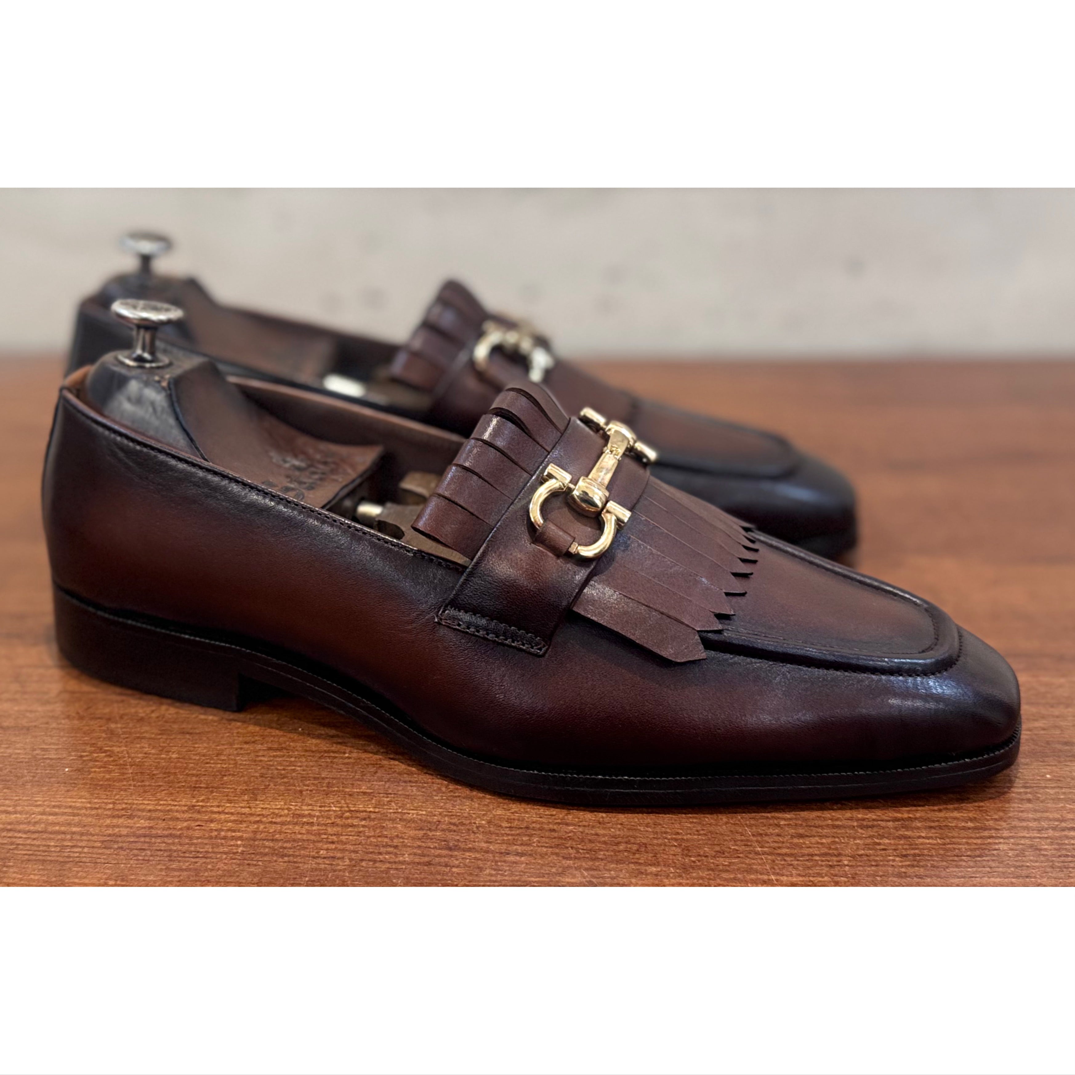 Brown Fringe Loafers Hand Patina