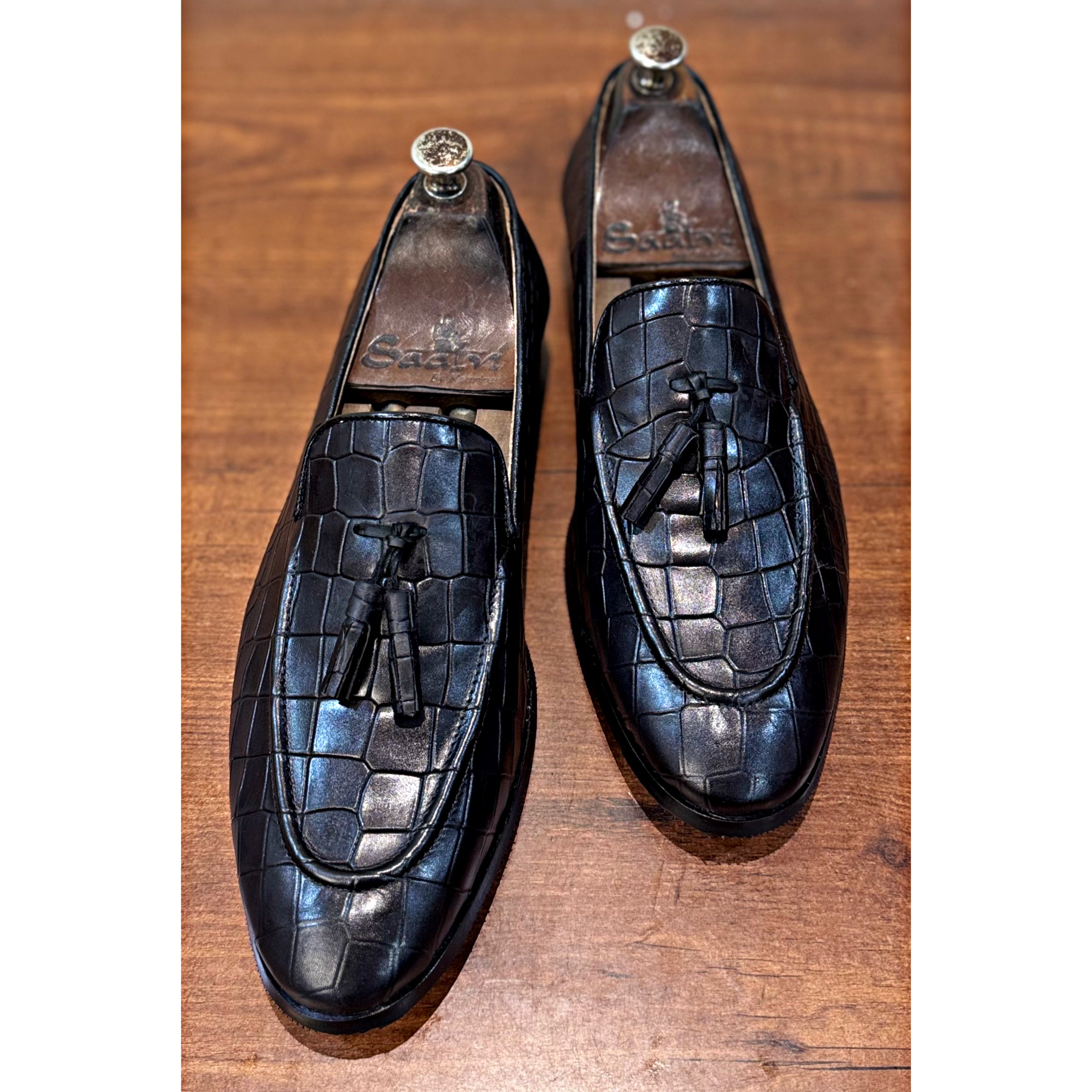 Black Crocodile Loafers With Tassels