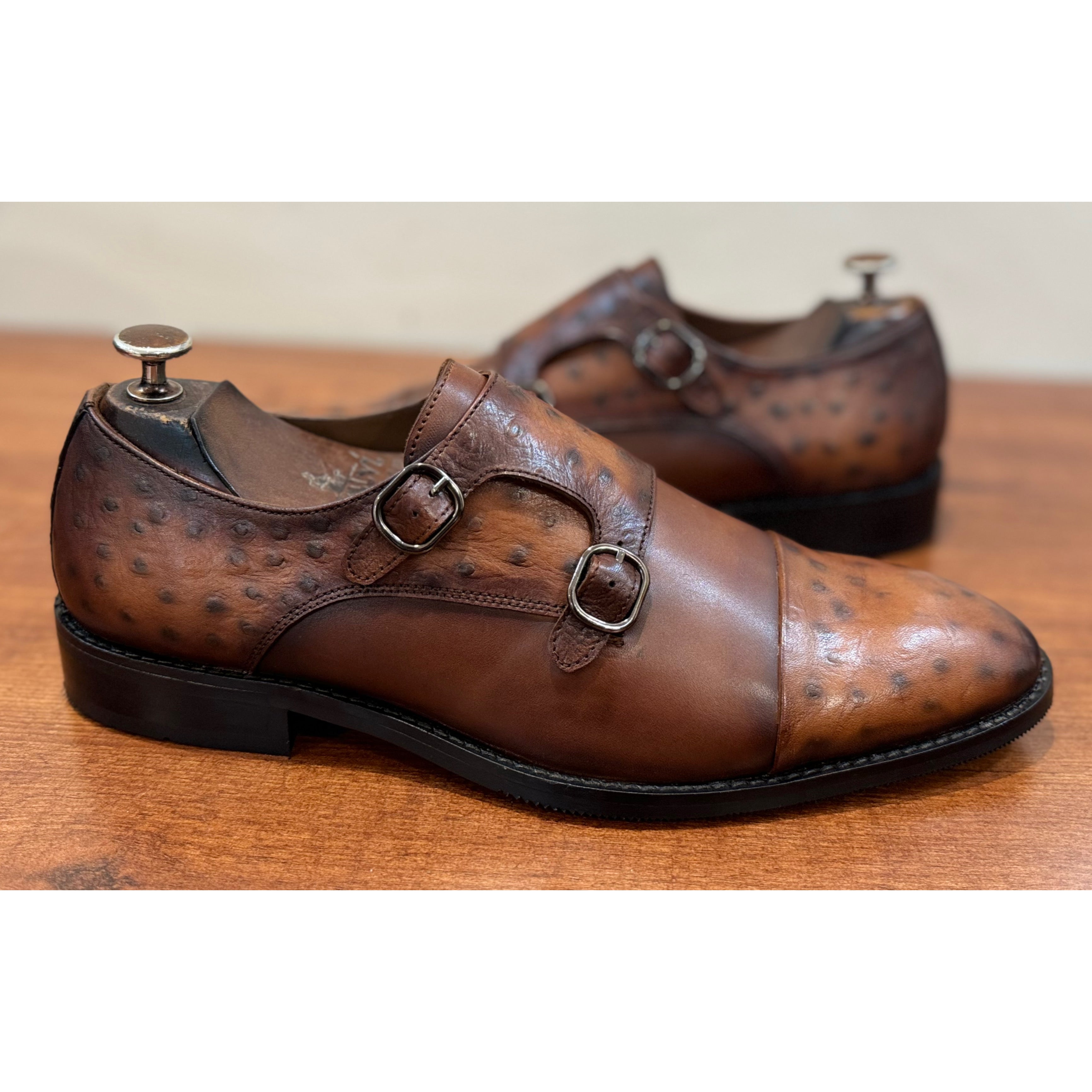 Tan Double Monk Strap Ostrich