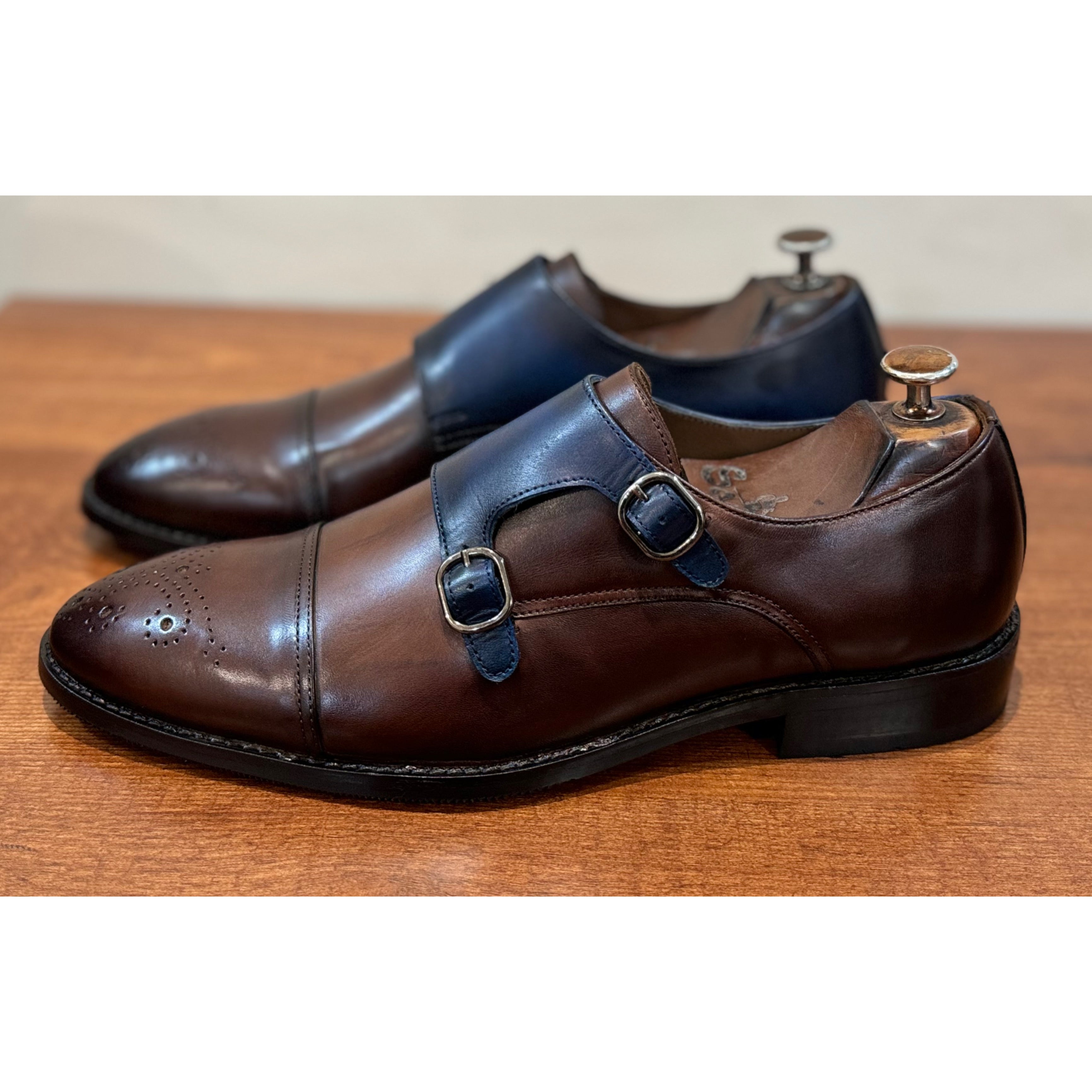 Brown Blue Double Monk Strap