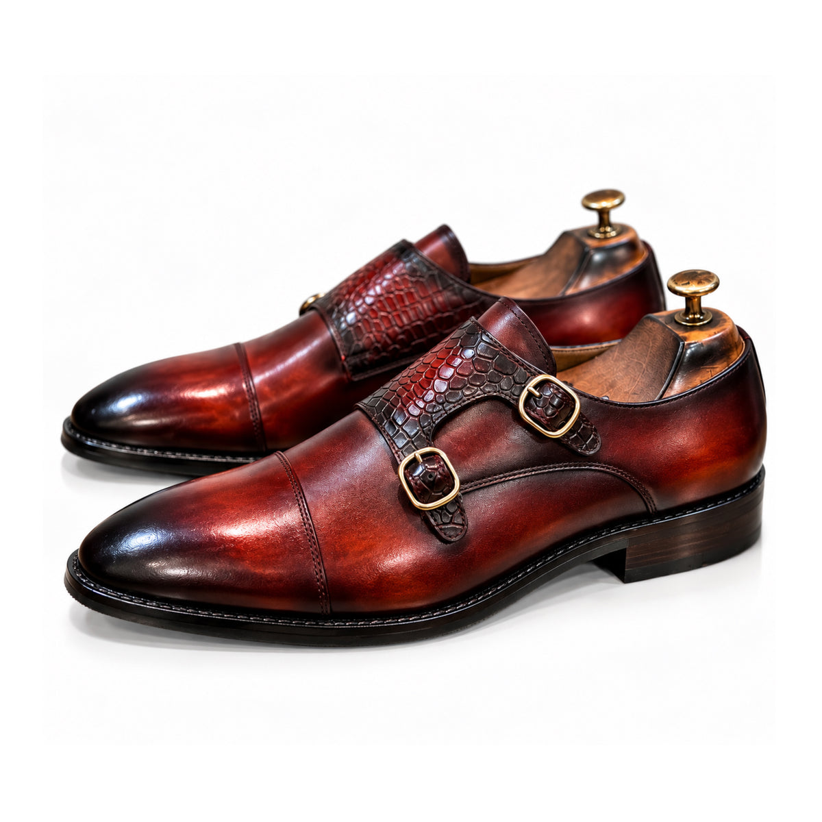 Bordeaux Hand-Patina Double Monk Shoes