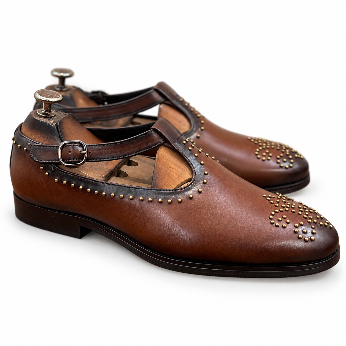 Aranya Brown Bajri Studded Leather Sandals
