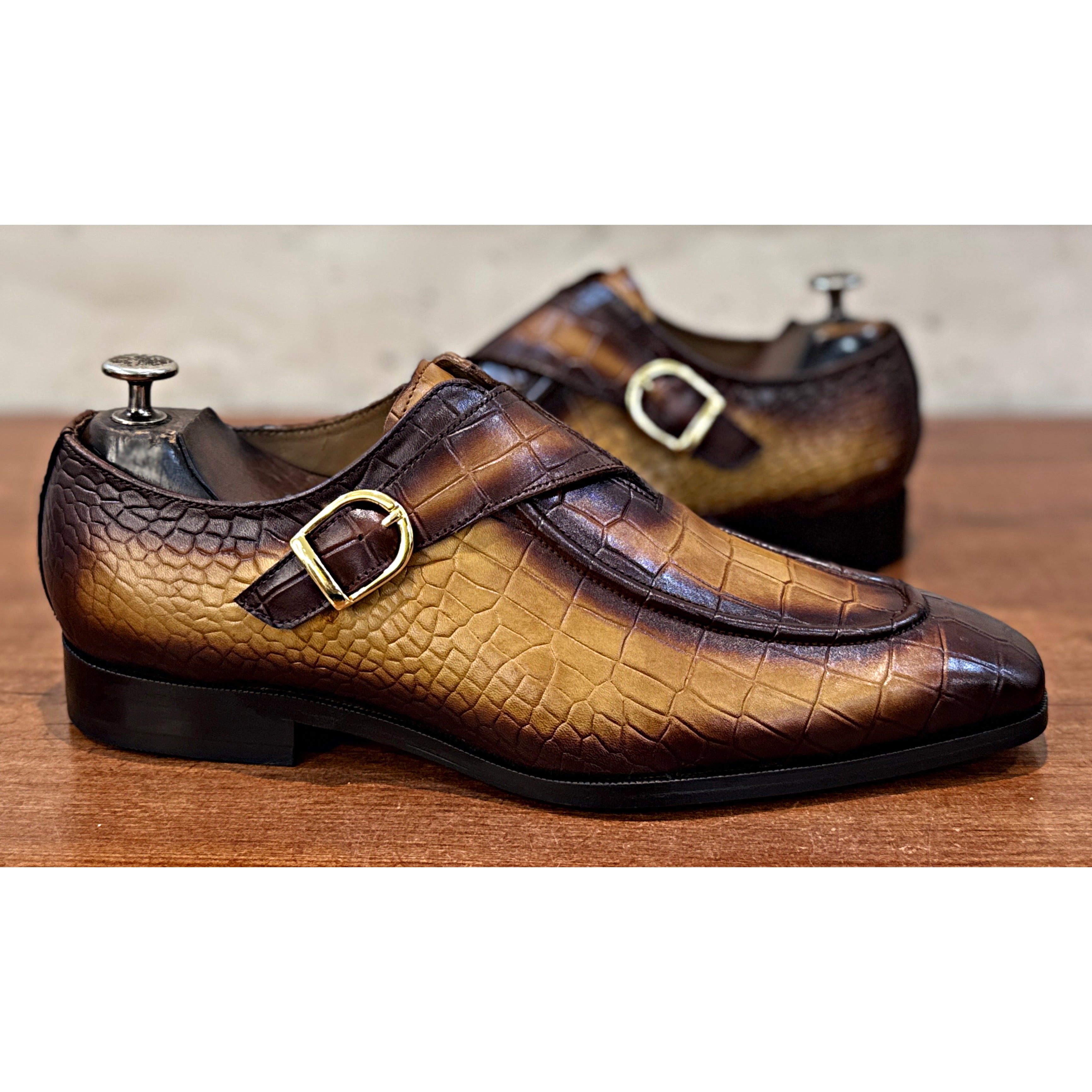 British Pointed Toe Single Monk – Burnished Bronze Croc