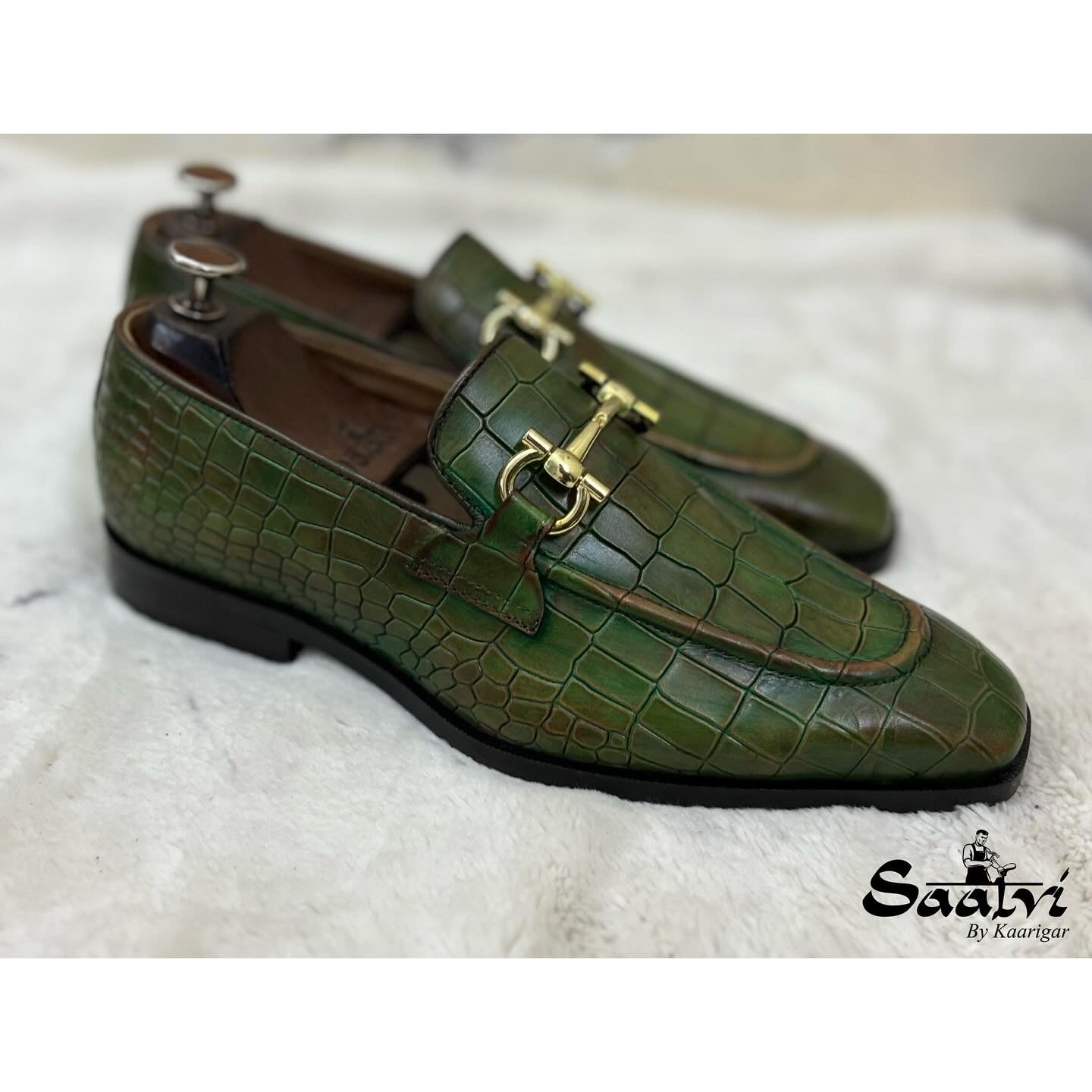 Green Crocodile Loafers With Buckle