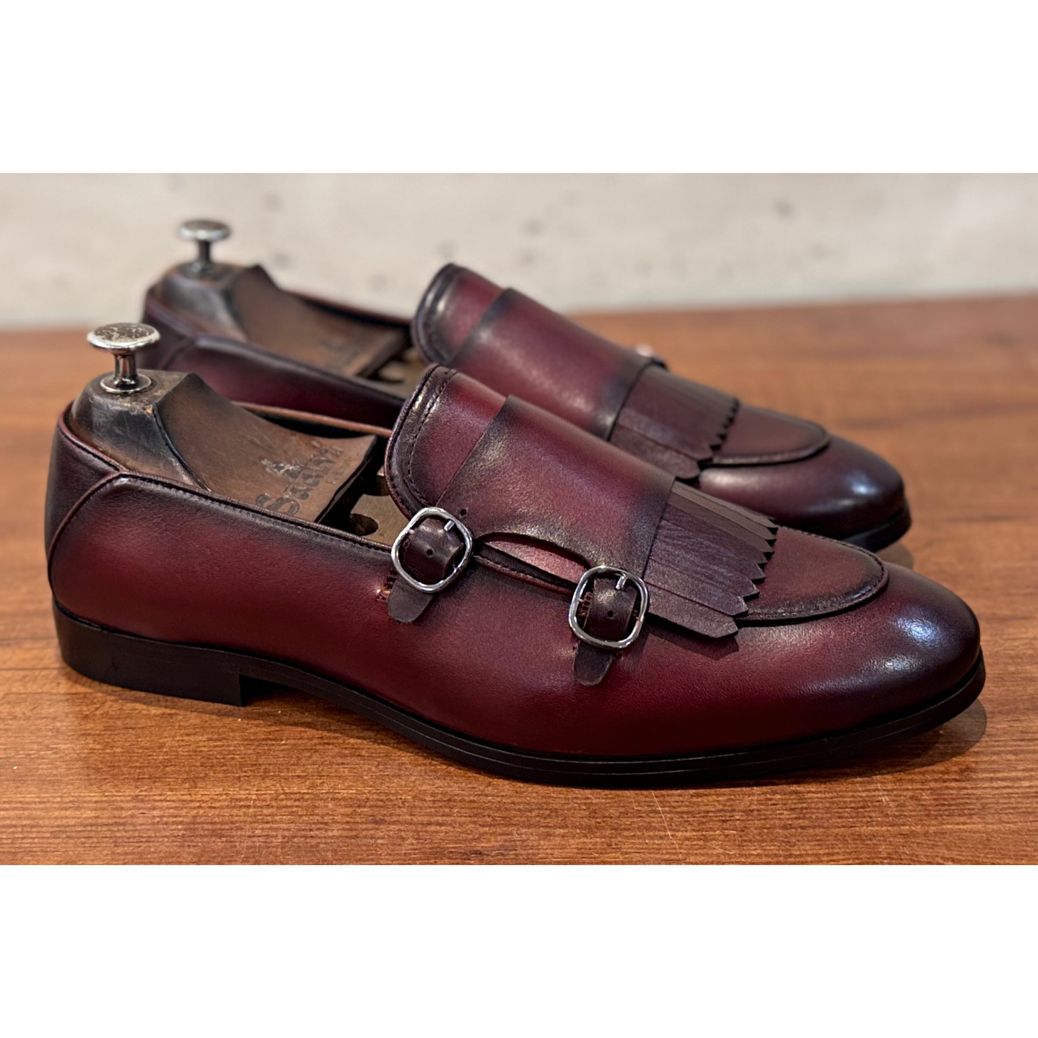 Brown Double Monk Strap Loafers With Fringes