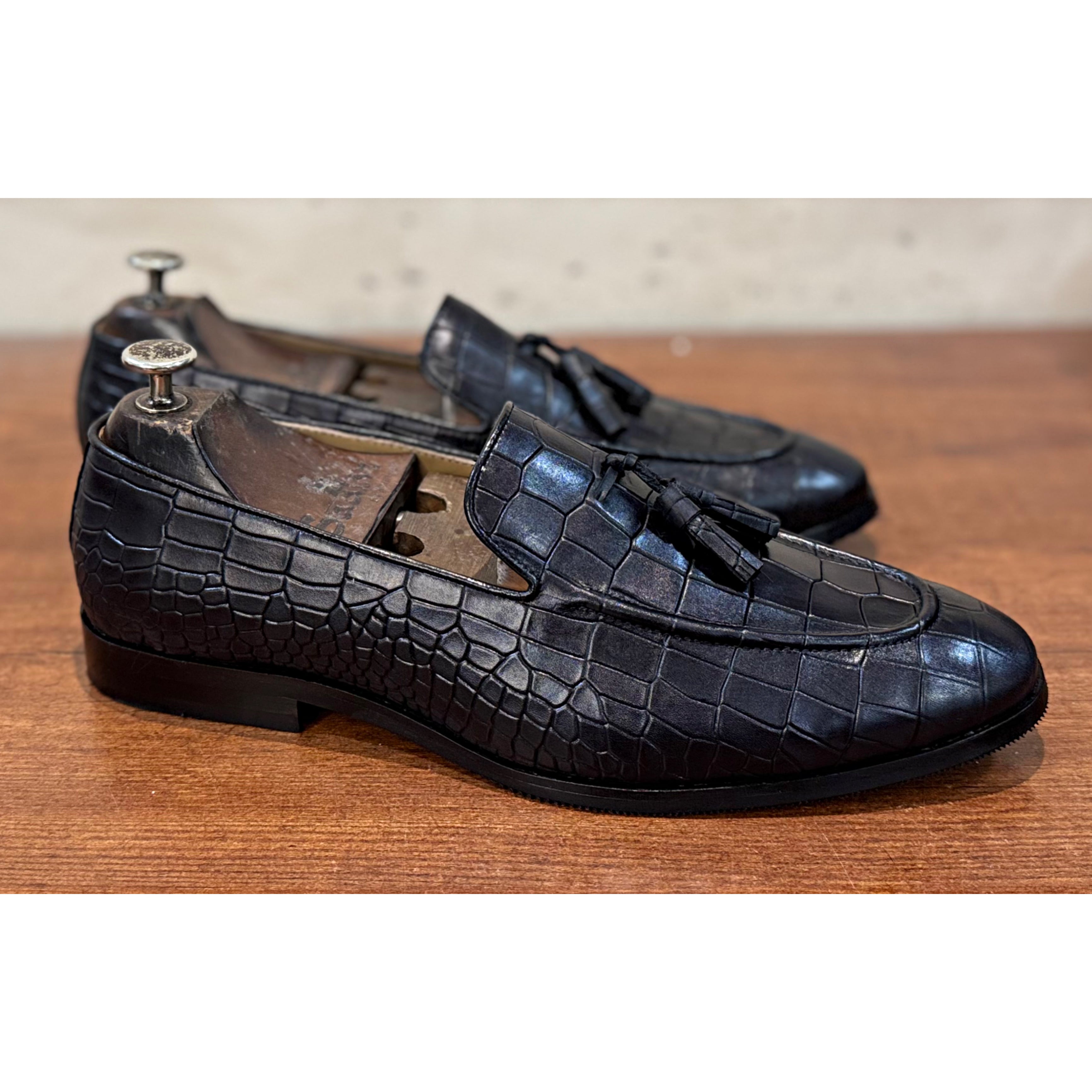 Black Crocodile Loafers With Tassels
